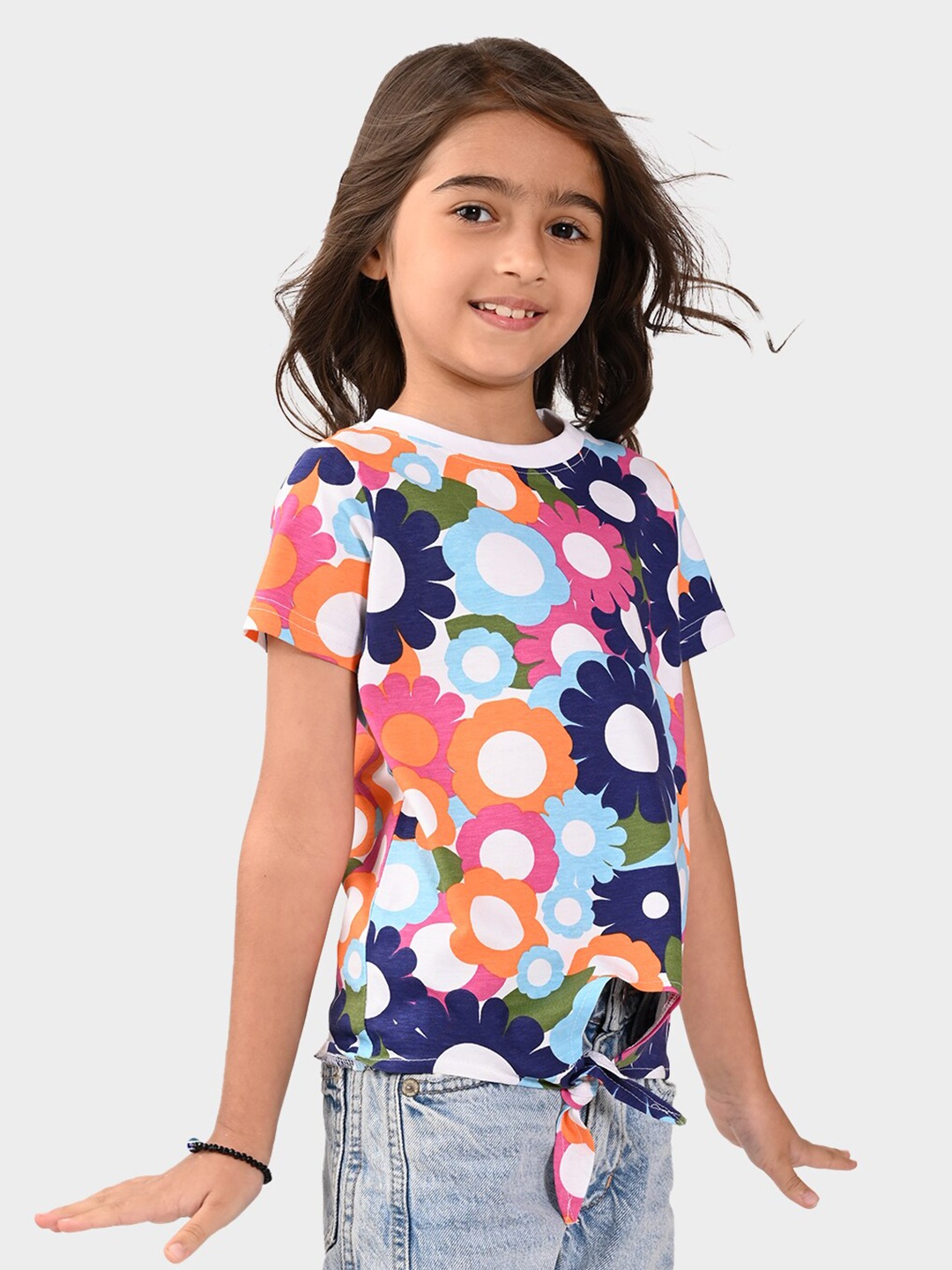 

BONKIDS Girls Floral Printed Cotton T-shirt, Orange