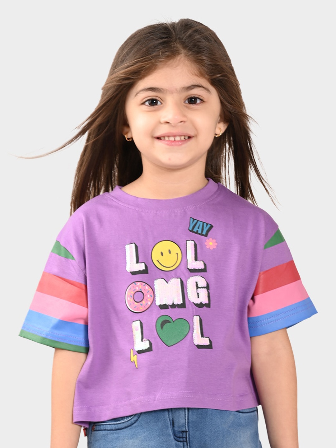 

BONKIDS Girls Printed Cotton Crop T-shirt, Purple