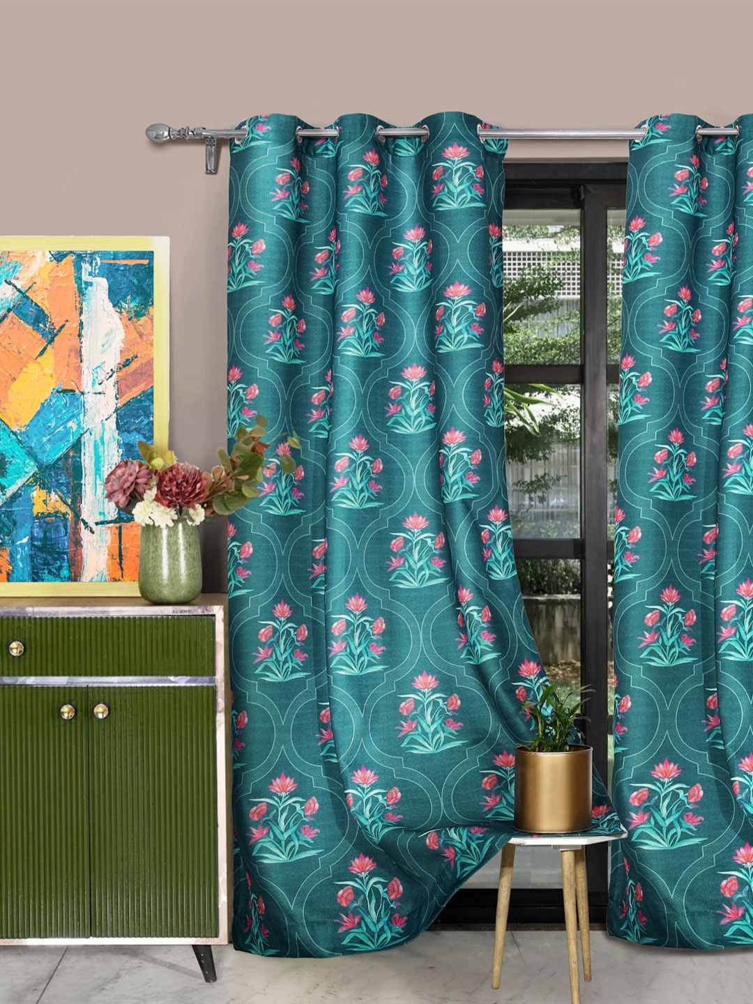 

ROSARA HOME 2 Pcs Green Ethnic Motifs Long Door Curtains
