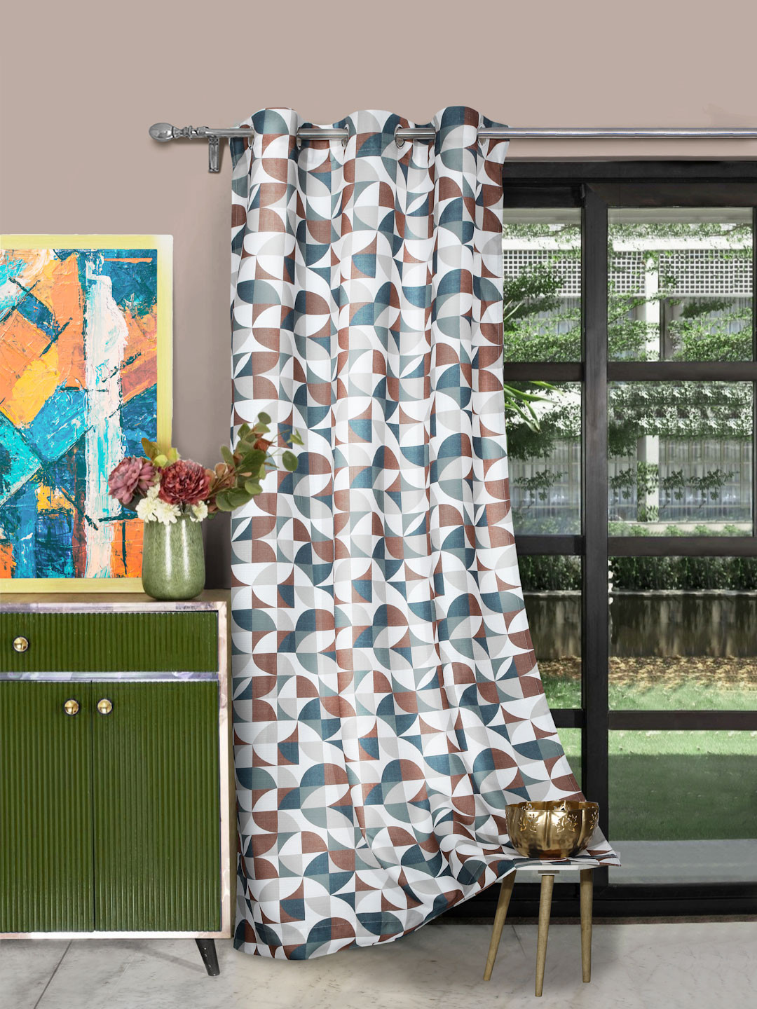 

ROSARA HOME Freesia White & Grey Geometric Printed Long Door Curtain