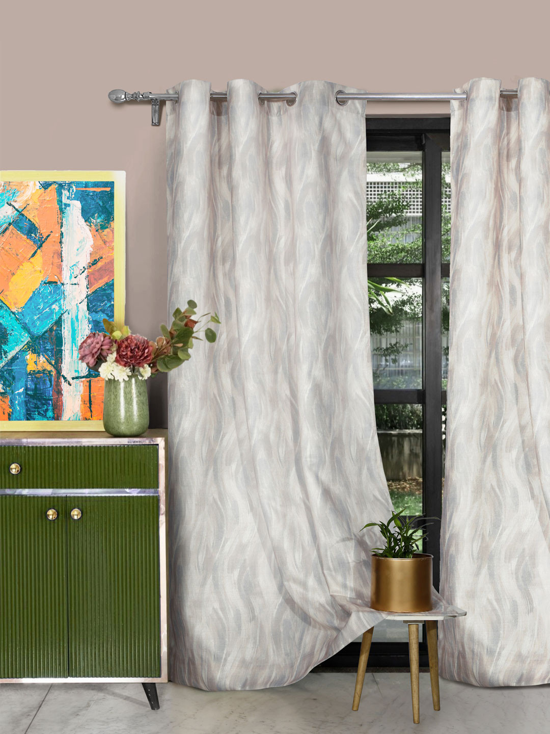 

ROSARA HOME Chrissy Beige 2 Pieces Abstract Long Door Curtains