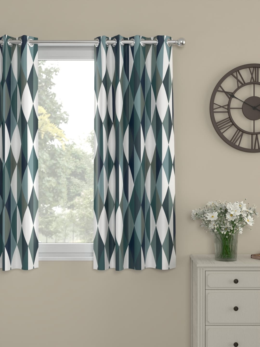 

ROSARA HOME Teal 2 Pieces Geometric Printed Window Curtains