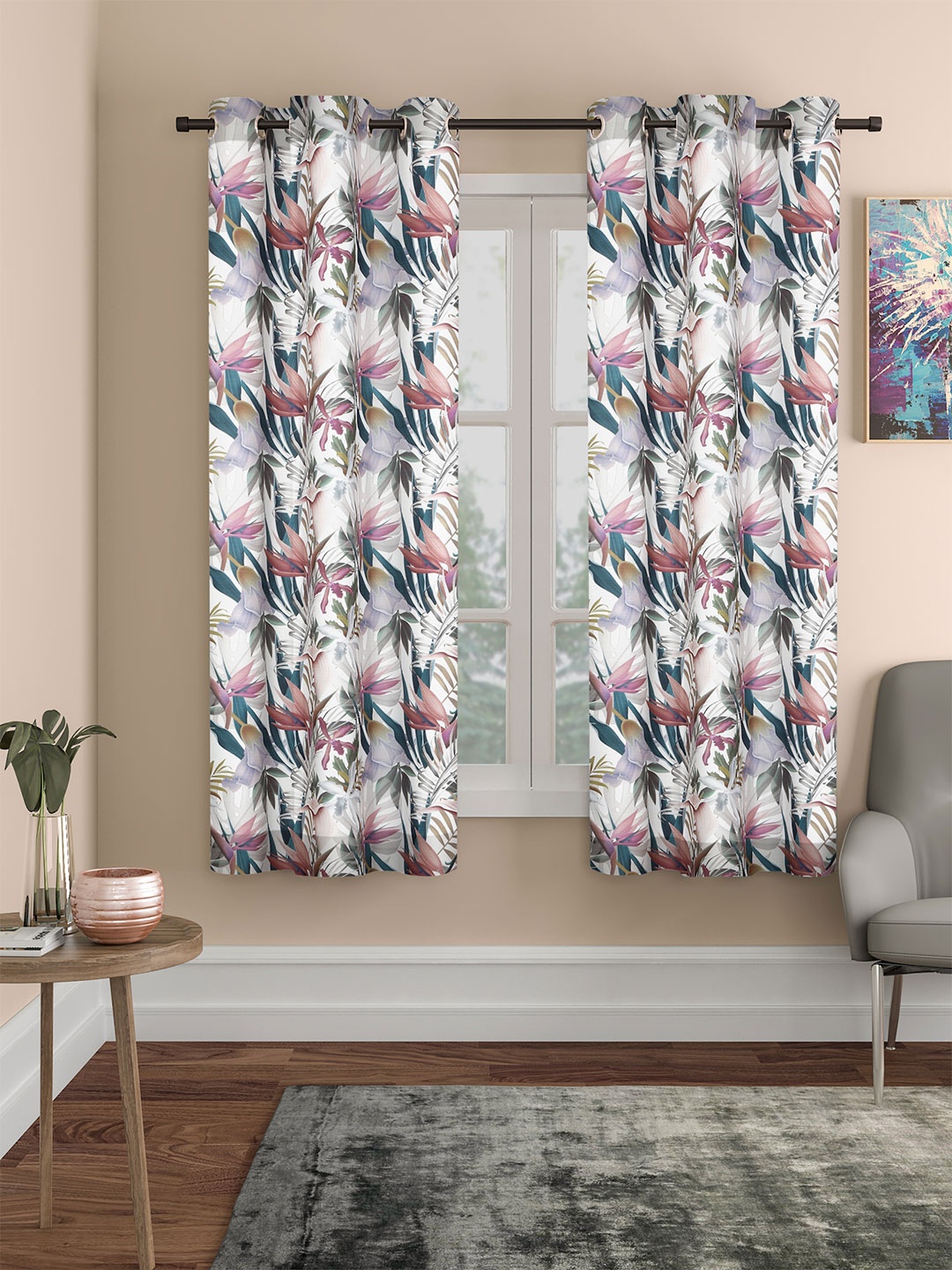 

ROSARA HOME Meadow 2 Pieces Floral Printed Window Curtains, Grey