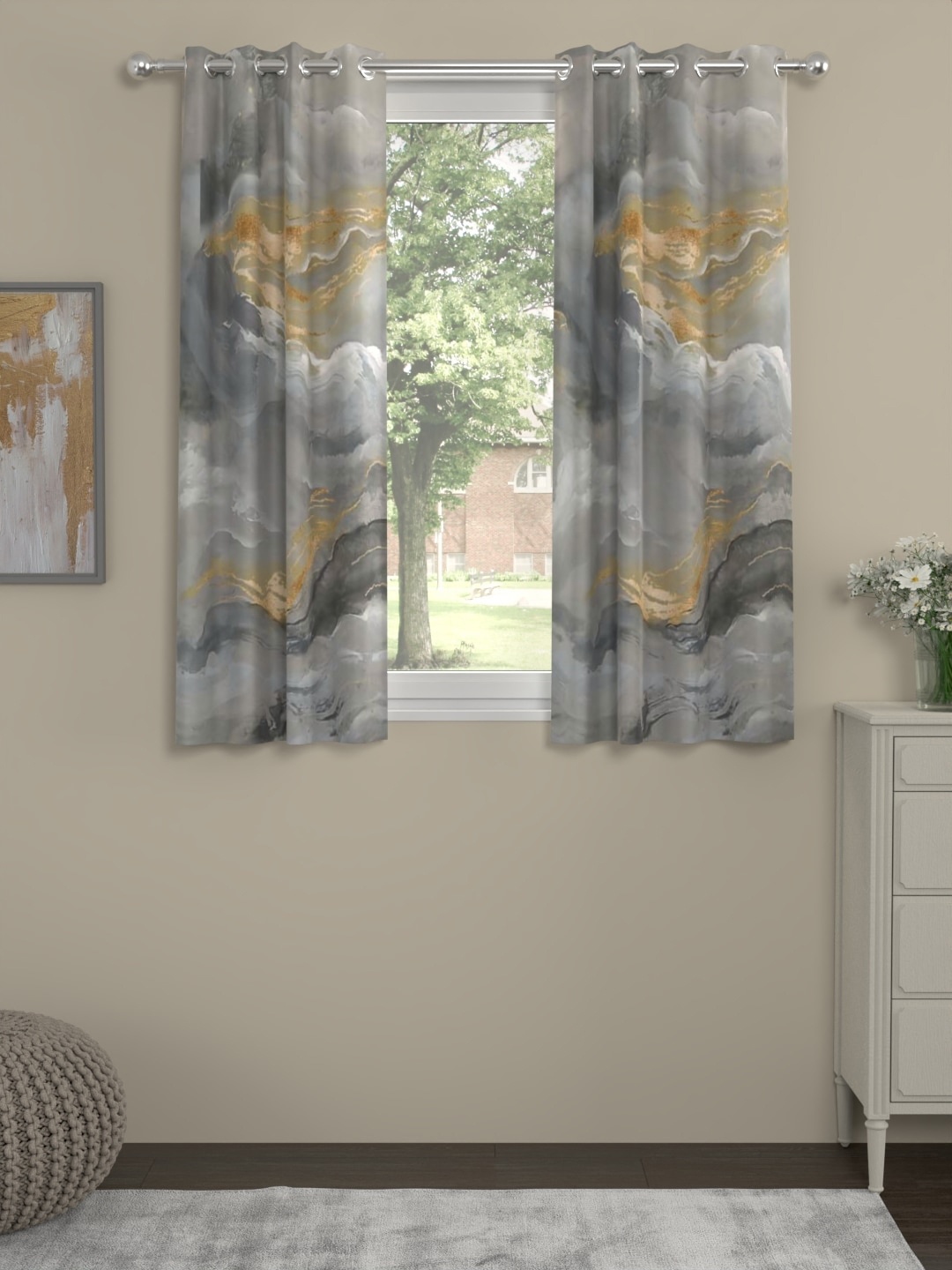 

ROSARA HOME Grey 2 Pieces Printed Window Curtains