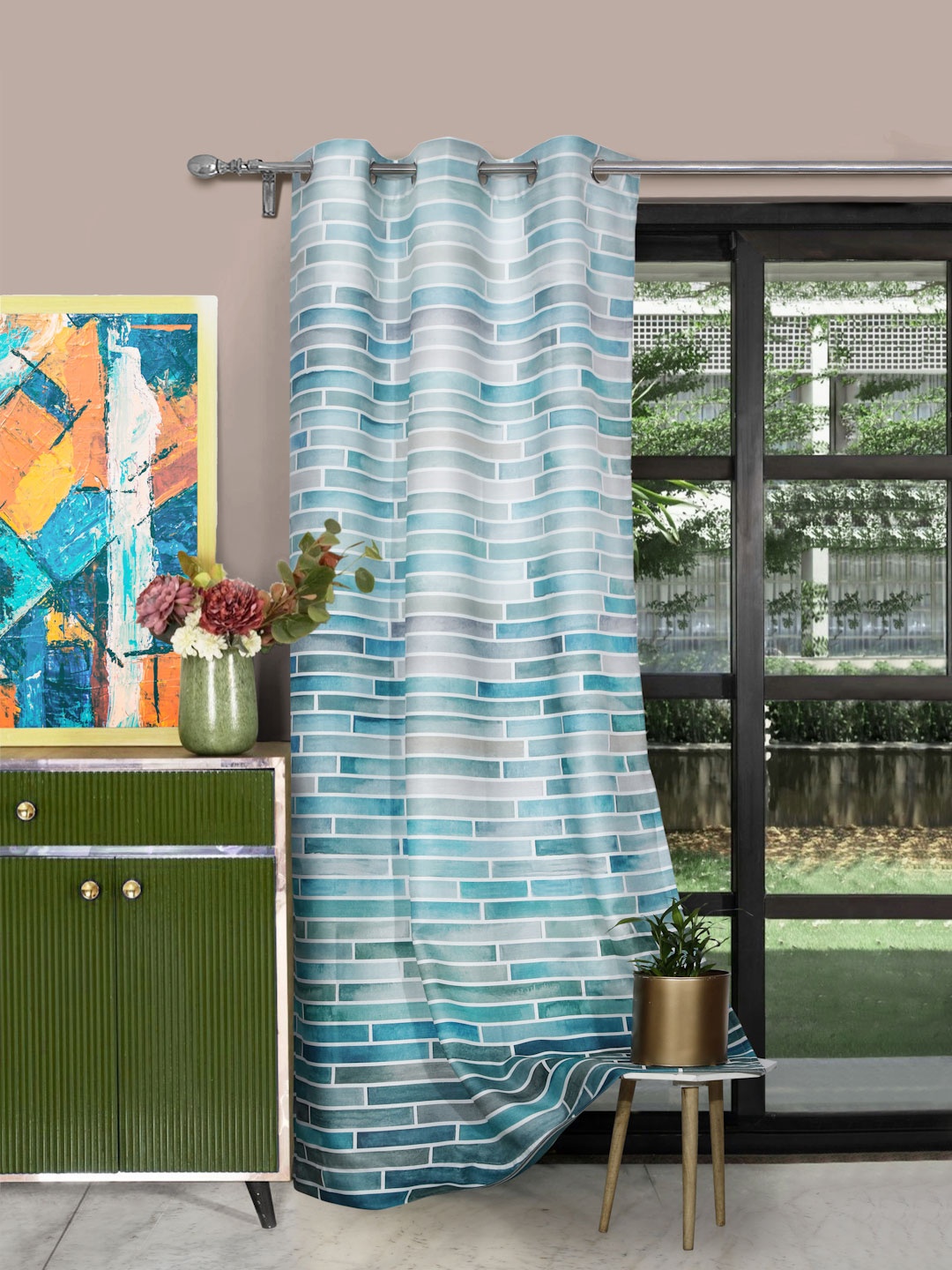 

ROSARA HOME Becky Teal Blue Geometric Long Door Curtains