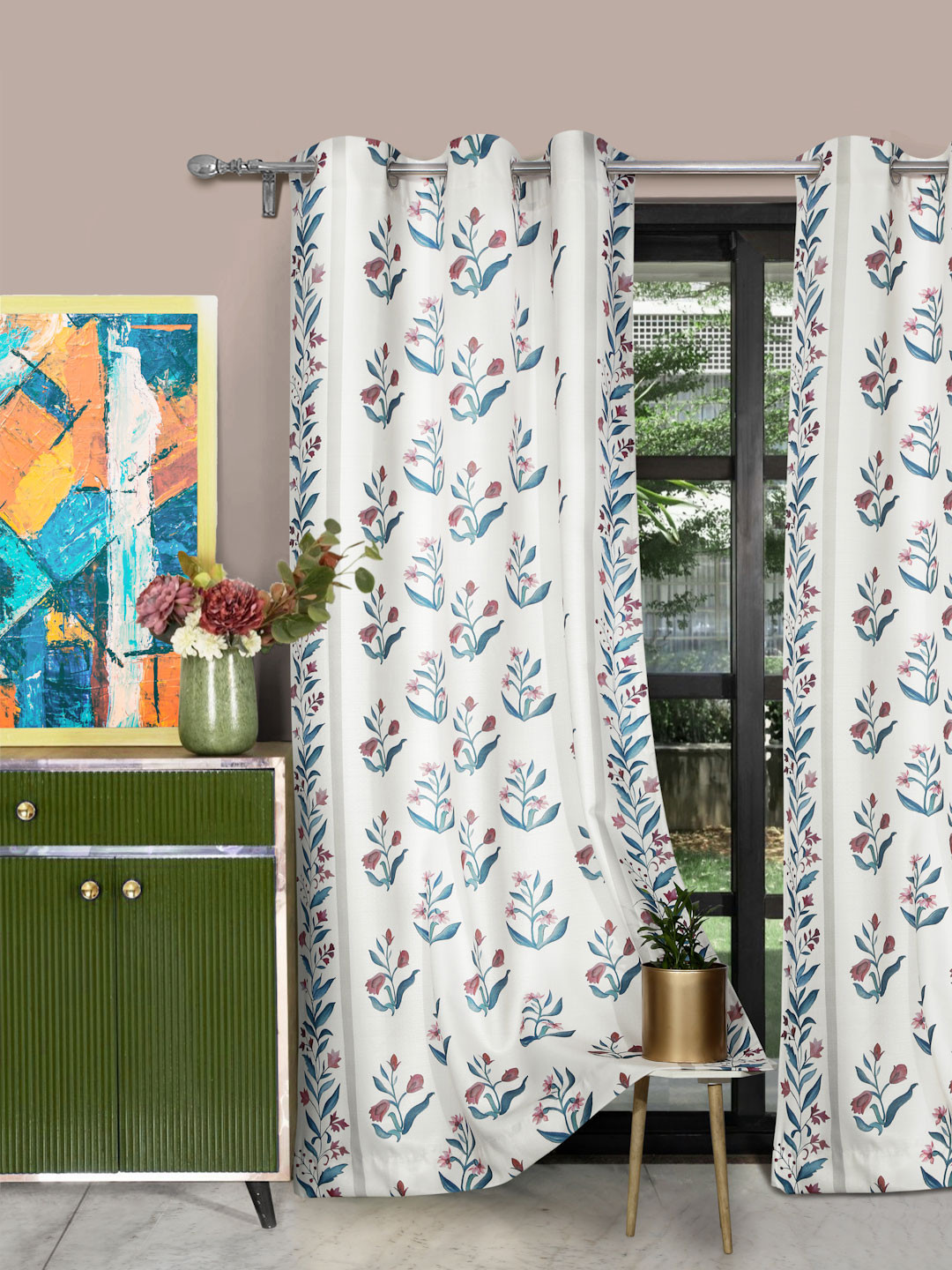 

ROSARA HOME 2 Pieces Printed Long Door Curtains, Beige