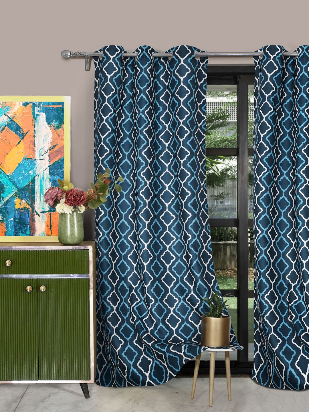 

ROSARA HOME 2 Pieces Printed Door Curtains, Blue