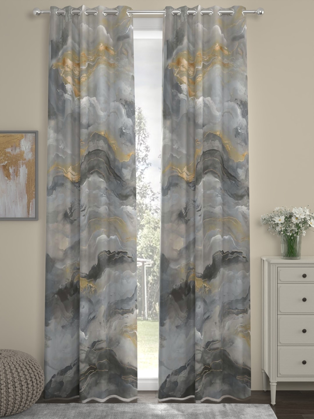 

ROSARA HOME Ross Grey 2 Pieces Abstract Long Door Curtains