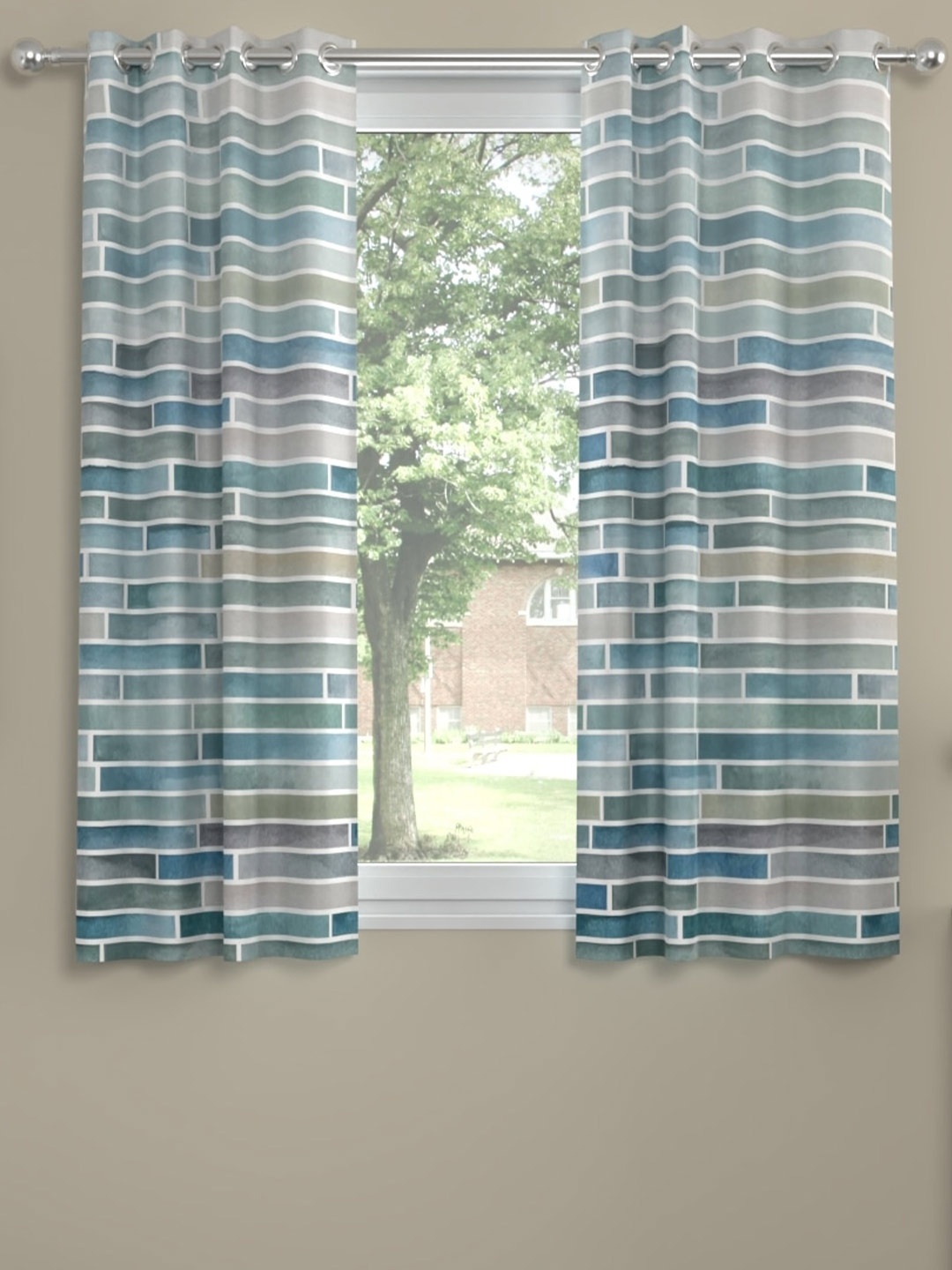 

ROSARA HOME Becky Teal & White 2 Pieces Geometric Printed Window Curtains
