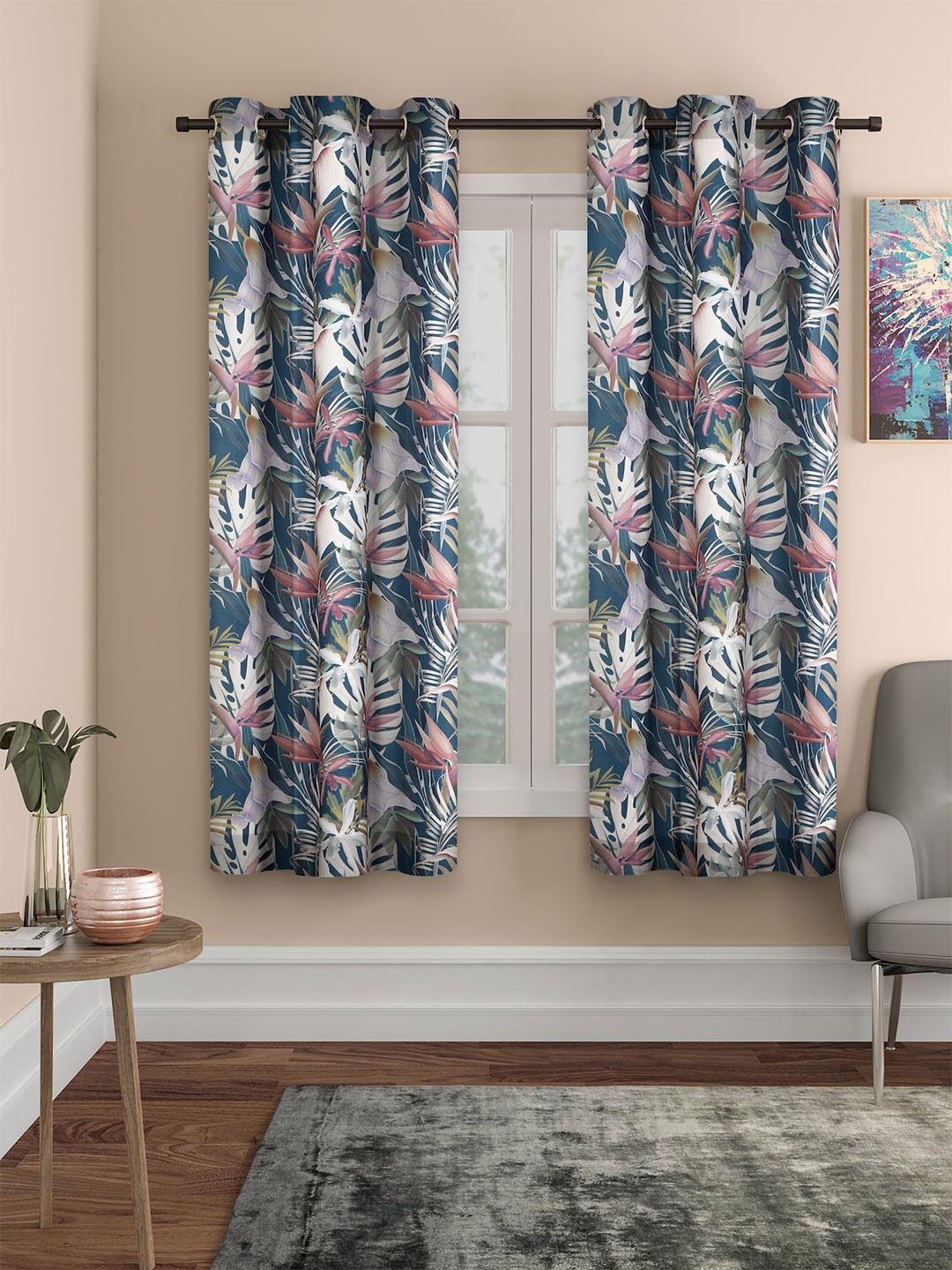 

ROSARA HOME Meadow Blue & Green 2 Pieces Floral Window Curtains