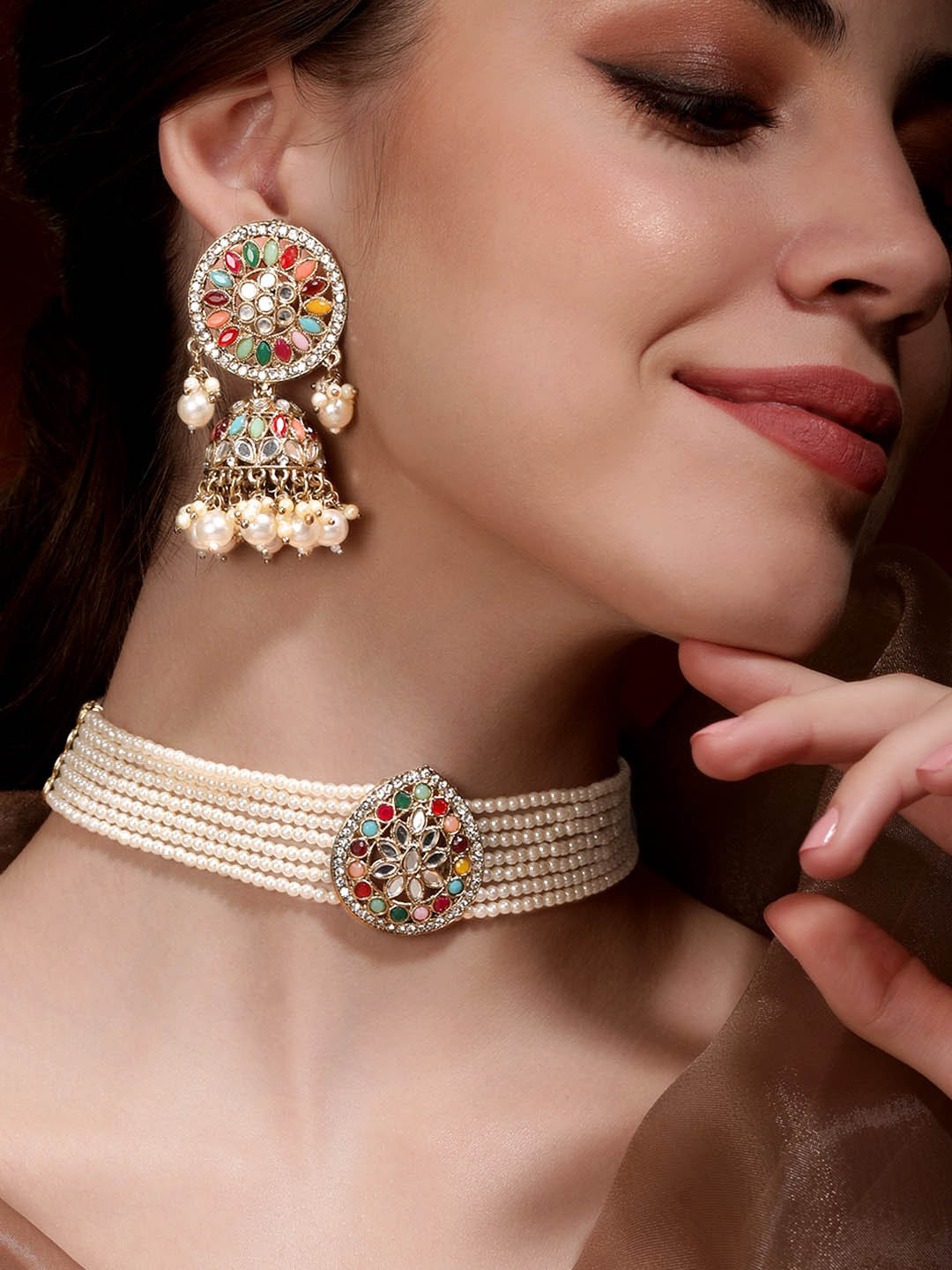 

Rubans Kundan-Studded & Pearl-Beaded Jewellery Set, Gold