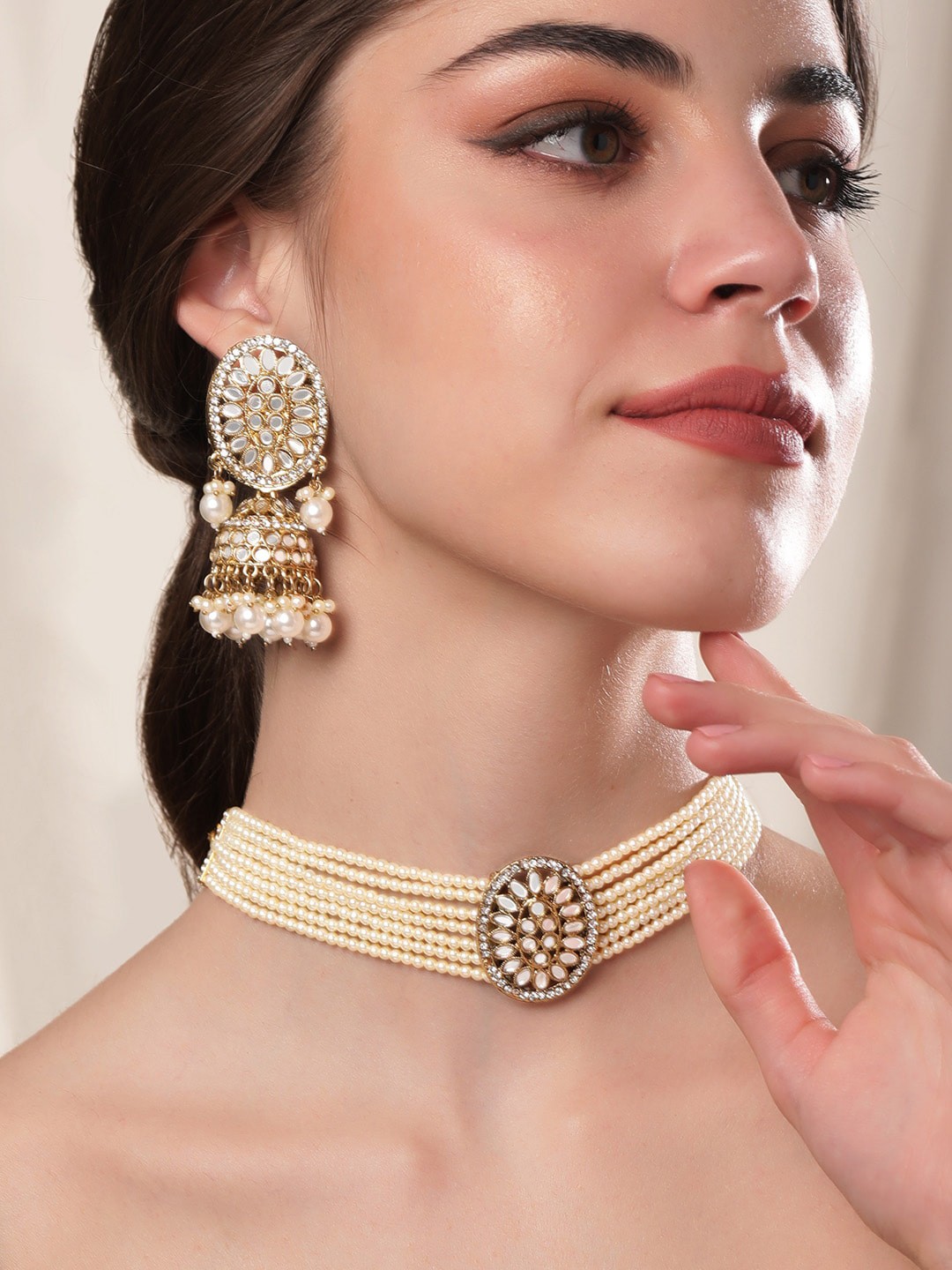 

Rubans Gold-Plated Mirror Studded & Pearls Beaded Jewellery Set