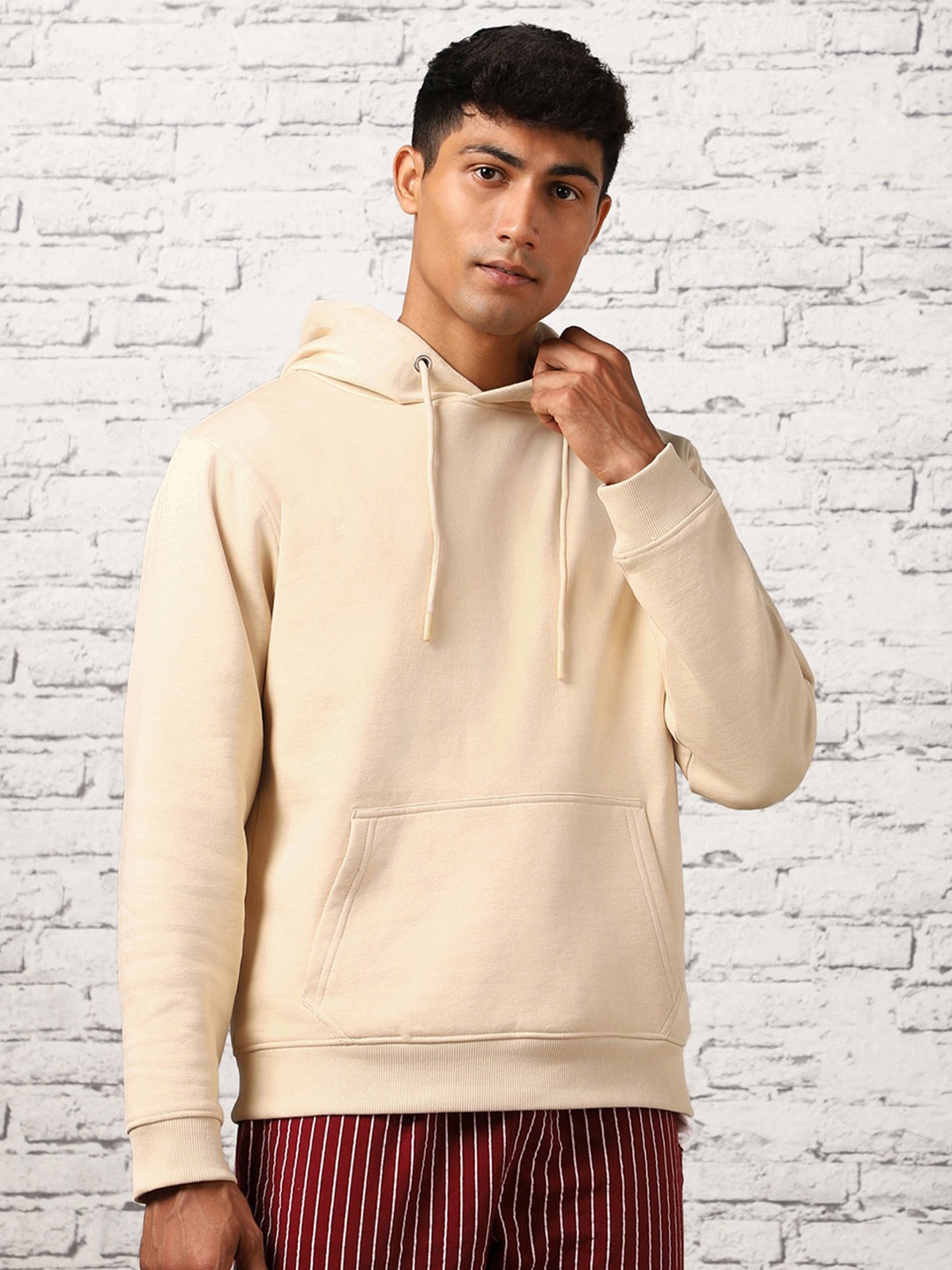 

NOBERO Hooded Ribbed Hem Pullover, Beige