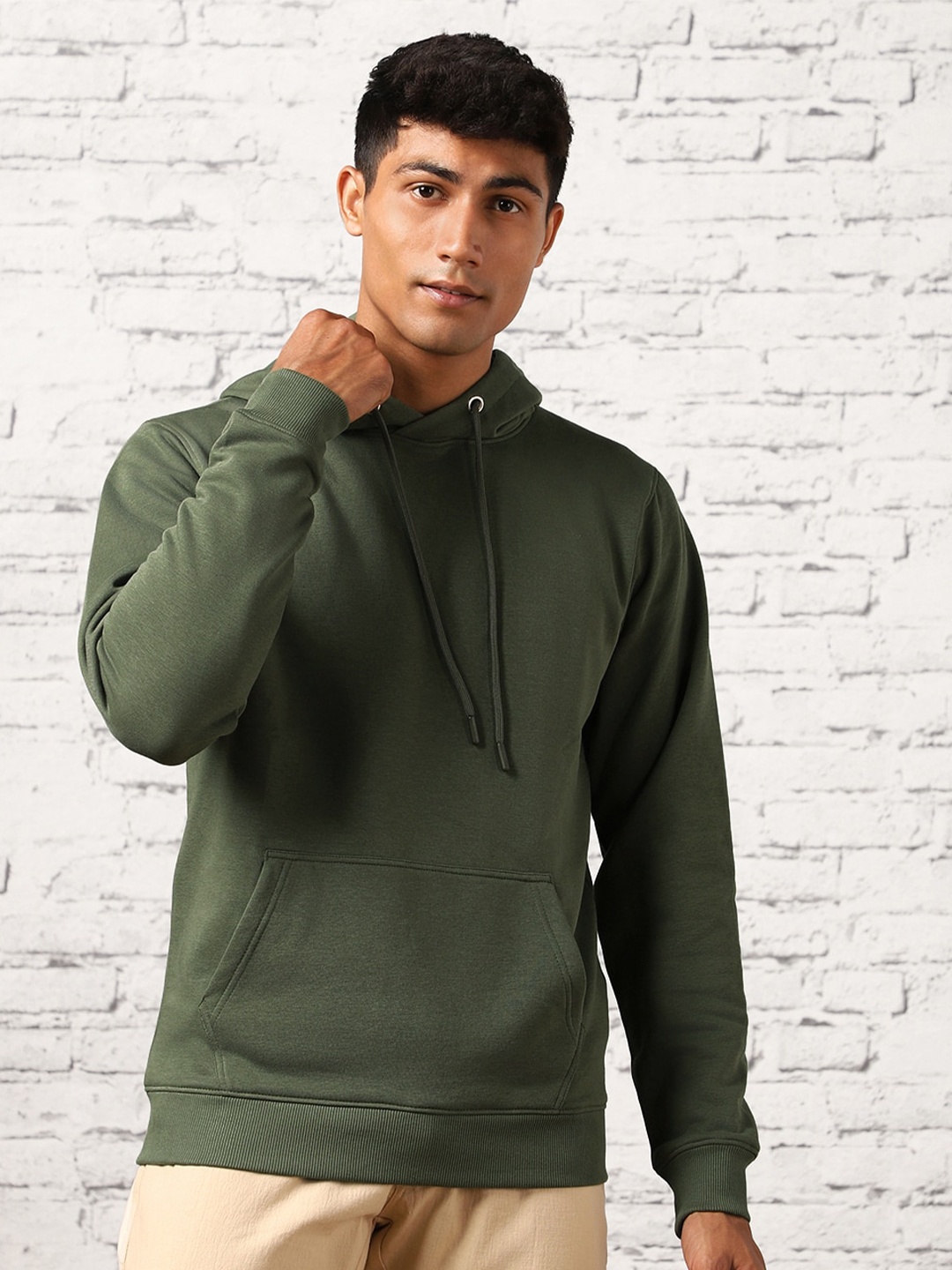 

NOBERO Hooded Ribbed Hem Pullover, Olive