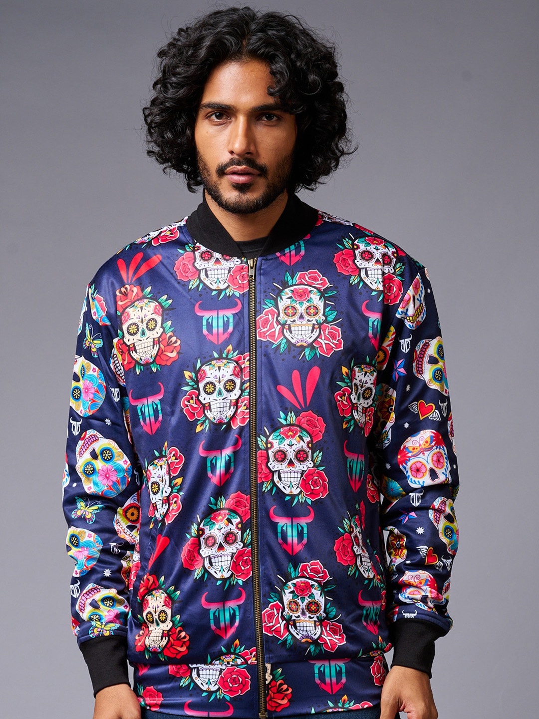 

GO DEVIL Conversational Printed Stand Collar Long Sleeve Bomber Jacket, Blue