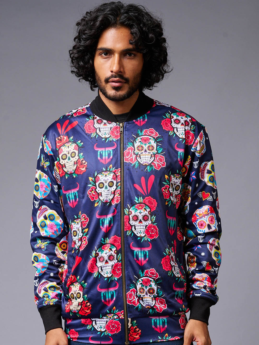 

GO DEVIL Conversational Printed Stand Collar Long Sleeve Bomber Jacket, Blue