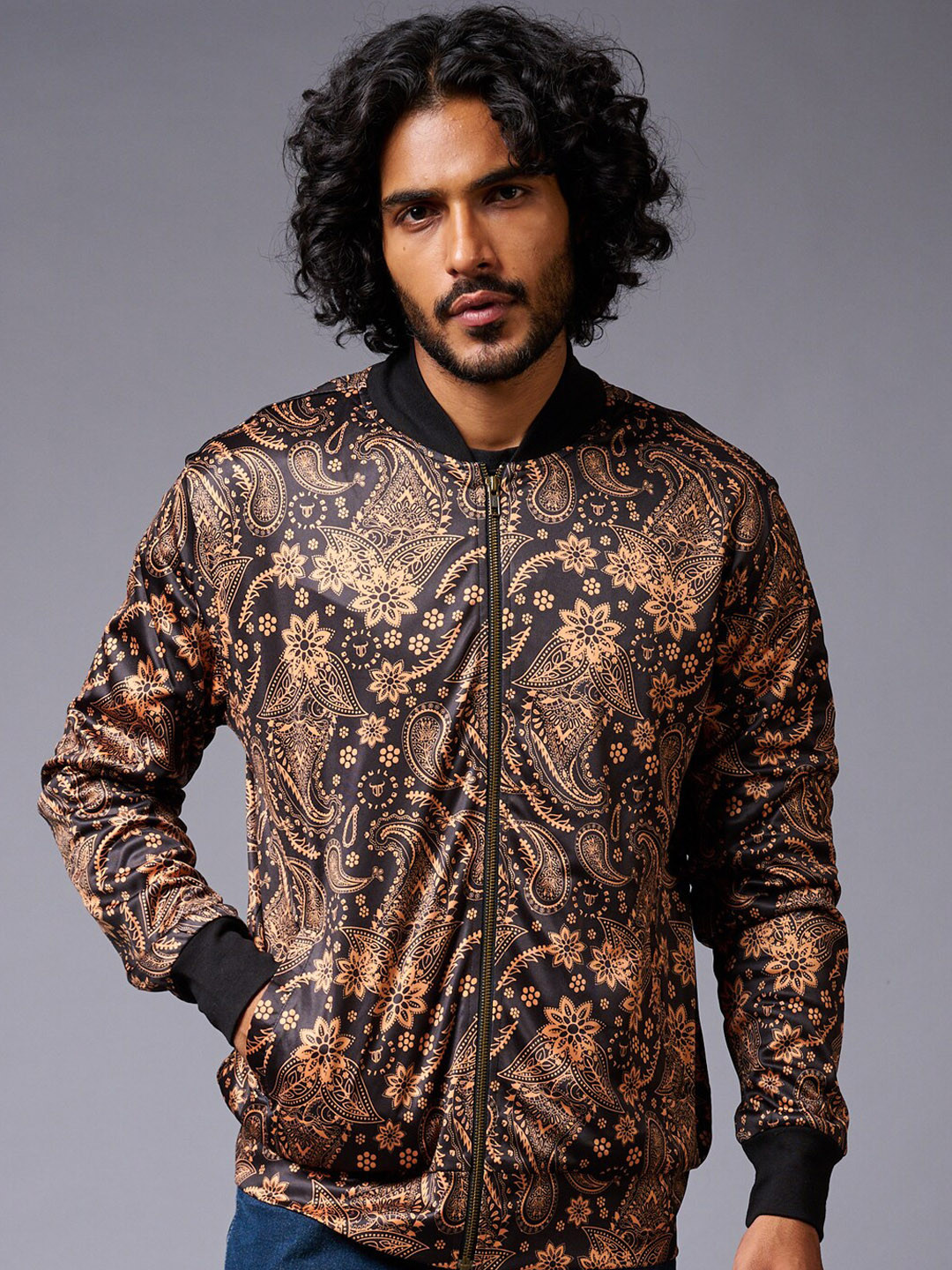 

GO DEVIL Floral Printed Stand Collar Long Sleeve Bomber Jacket, Black