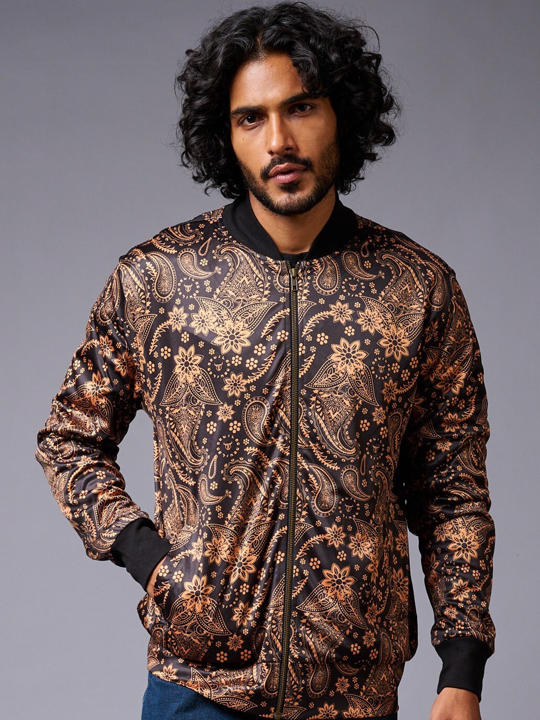 

GO DEVIL Floral Printed Stand Collar Long Sleeve Bomber Jacket, Black