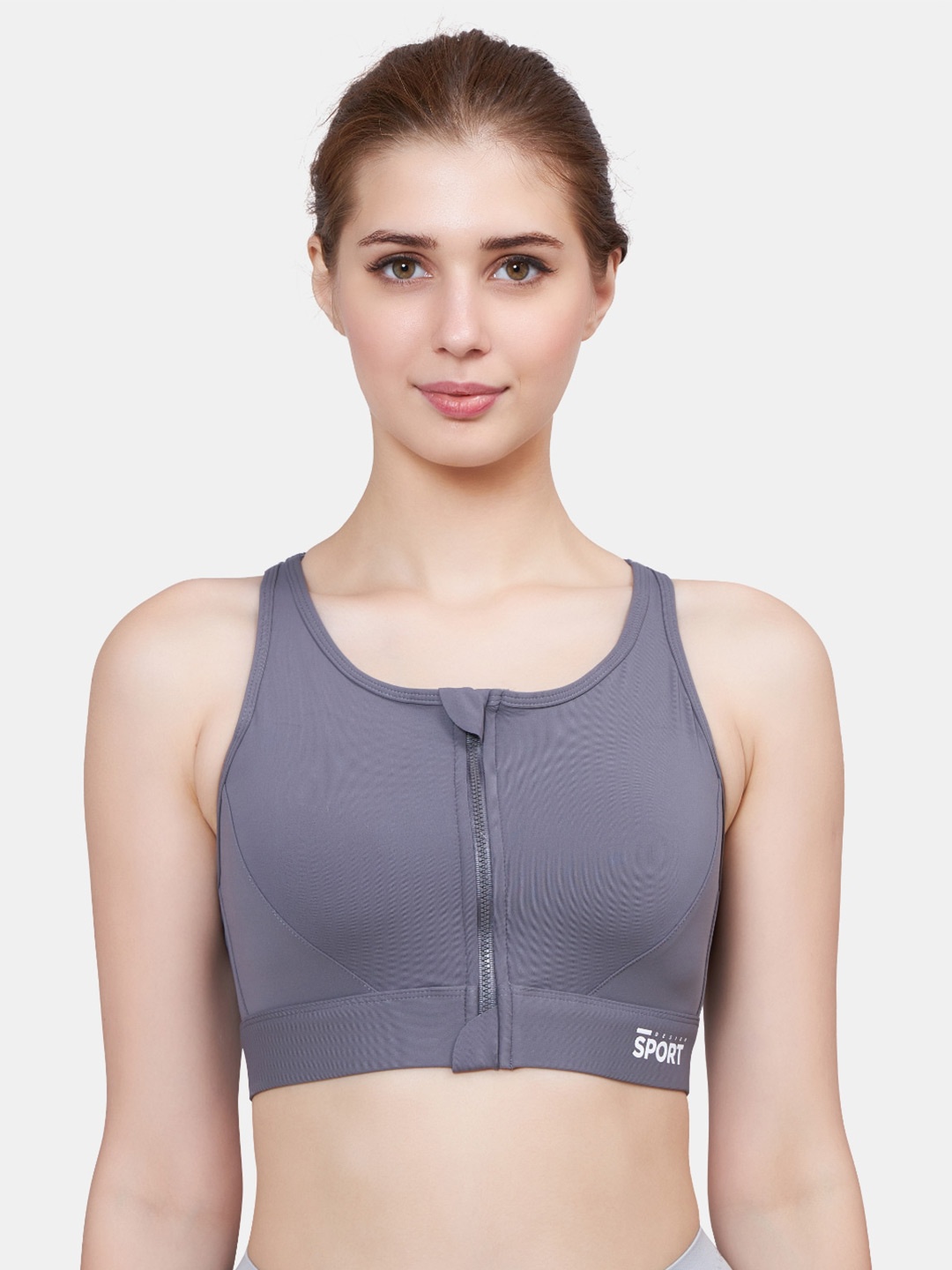 

PLUMBURY Full Coverage All Day Comfort Lightly Padded Dry Fit Workout Bra, Grey