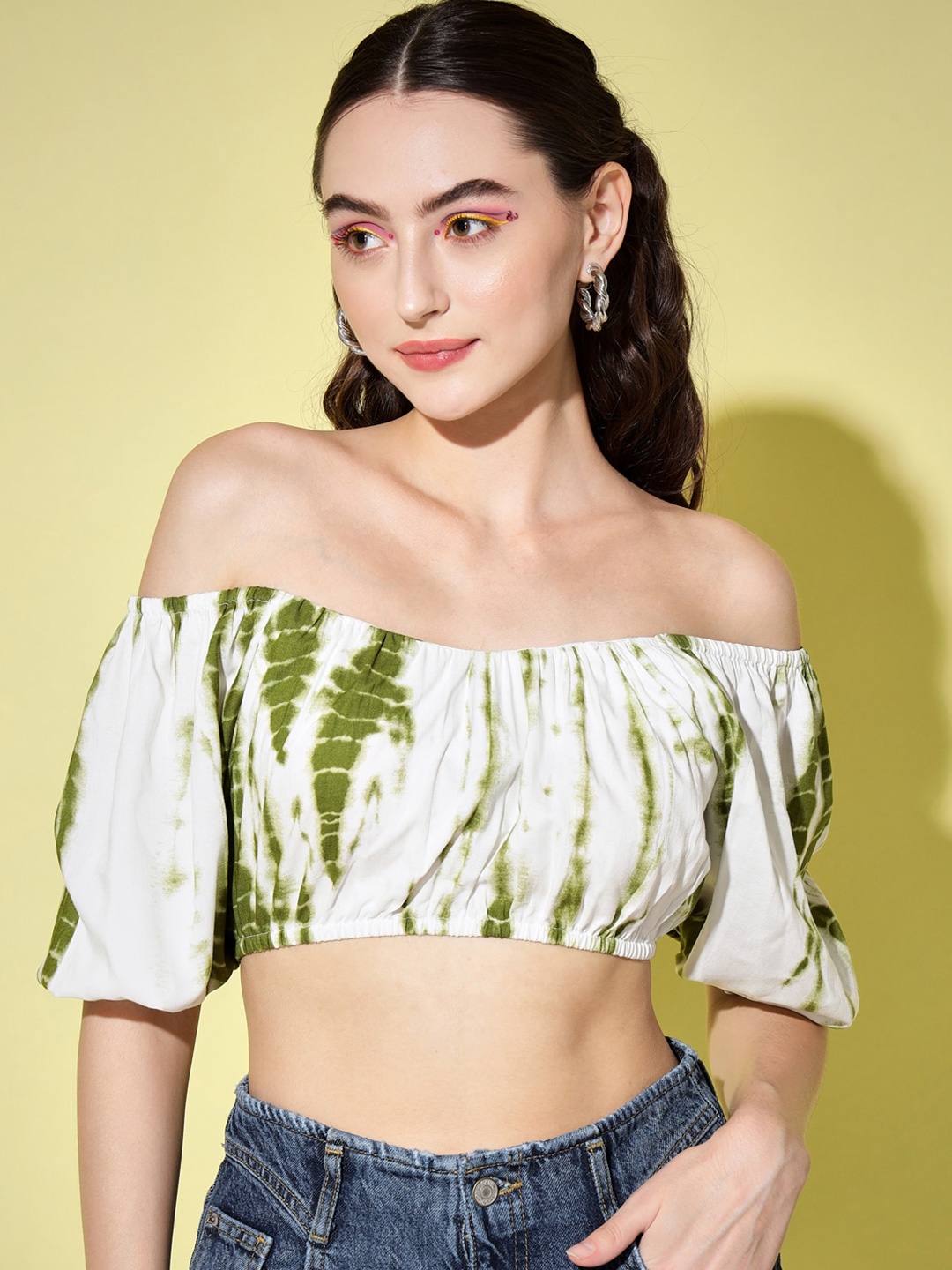 

Trend Arrest Tie and Dye Off Shoulder Bardot Crop Top, White