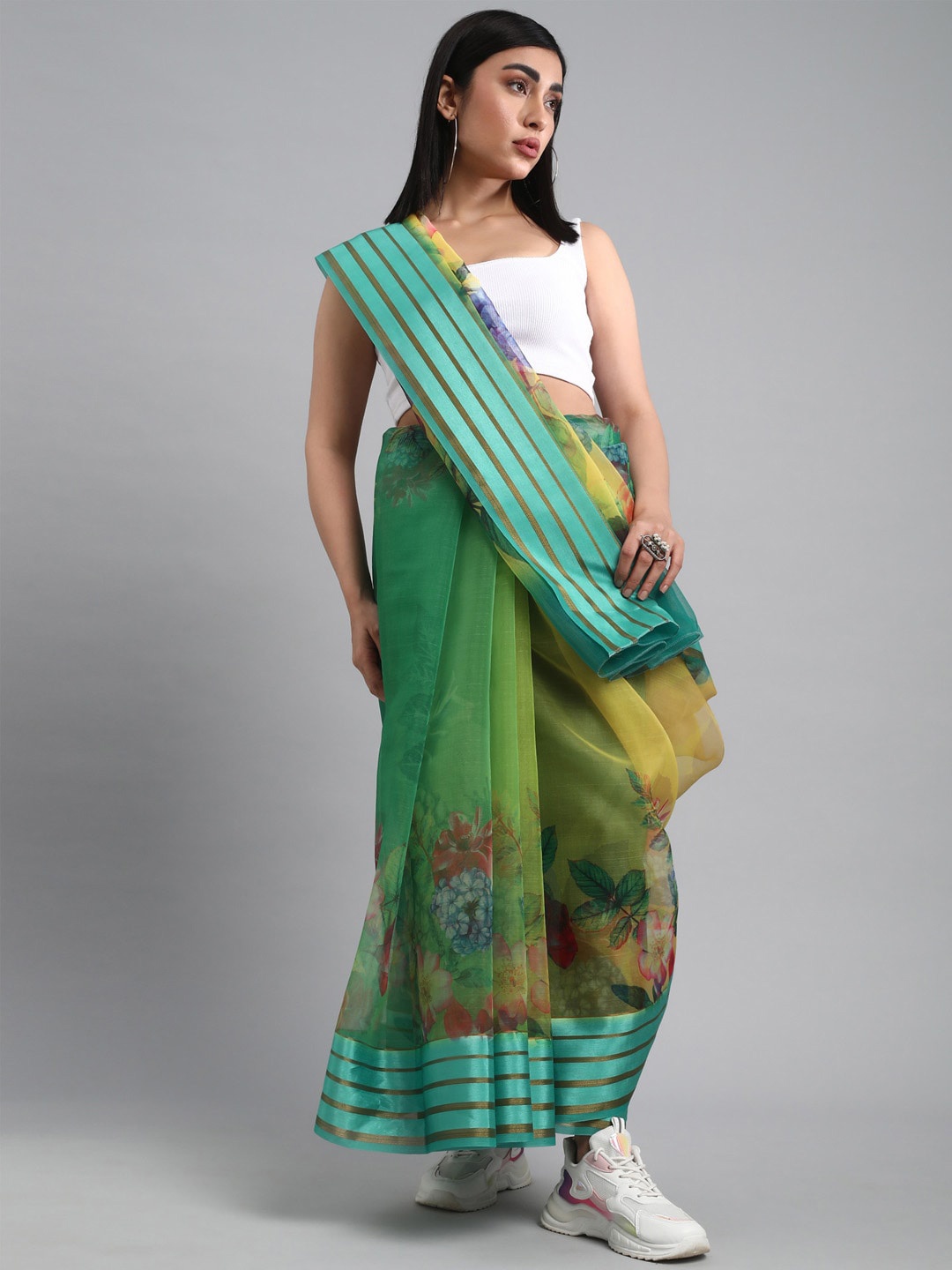 

Mitera Green & Red Floral Printed Organza Saree