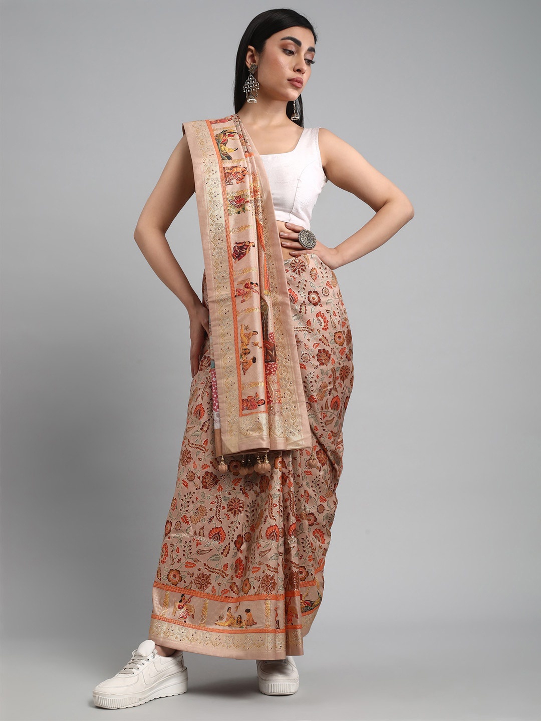 

Mitera Peach-Coloured & Red Ethnic Motif Woven Design Zari Banarasi Saree