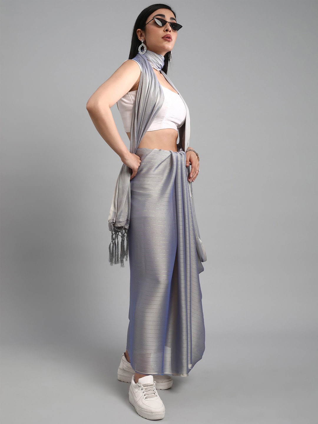 

Mitera Grey & Silver-Toned Striped Poly Georgette Saree