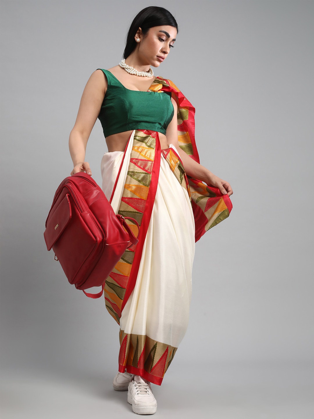 

Mitera Off White & Red Zari Detail Saree