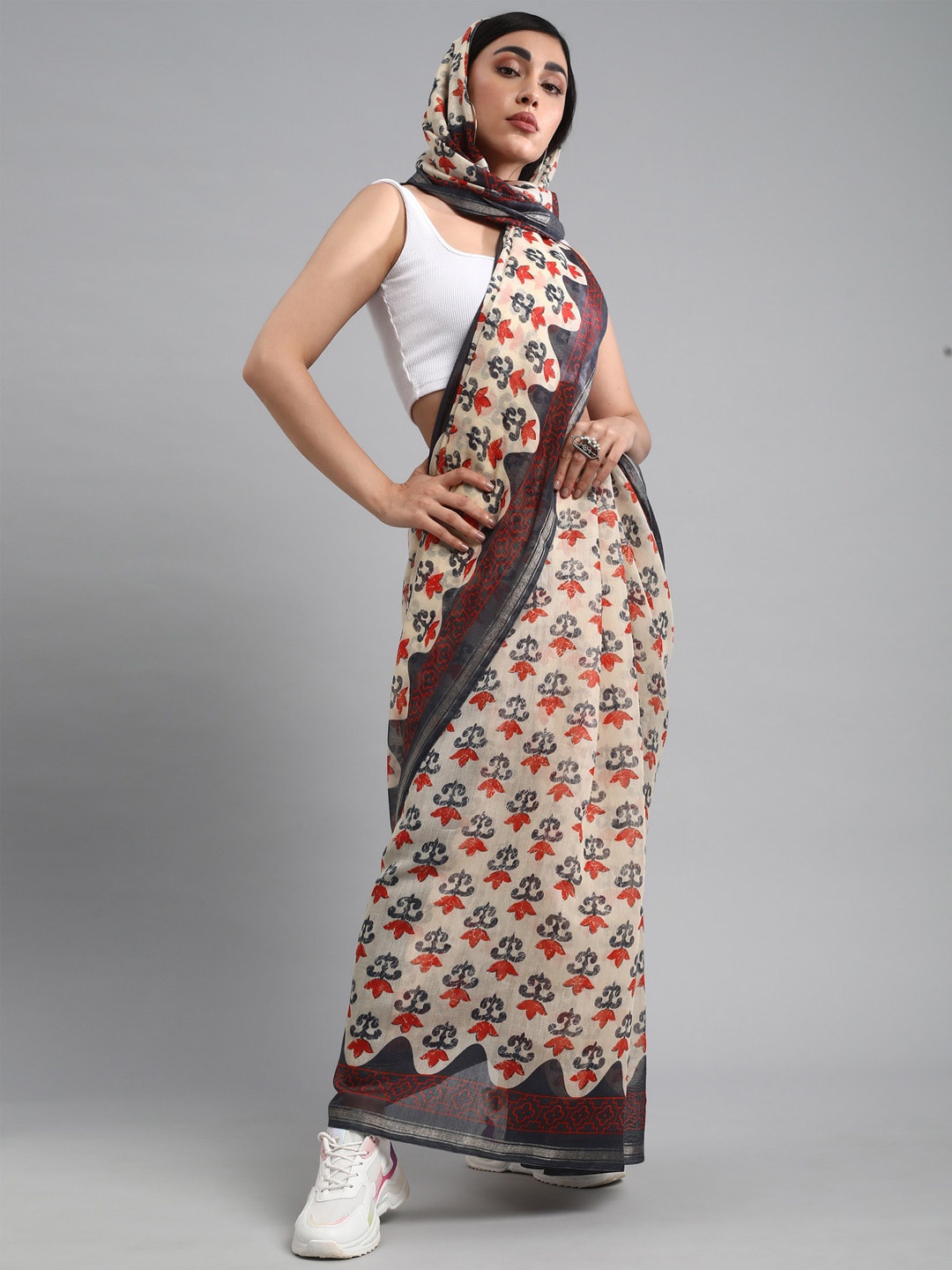 

Mitera Beige & Red Bagh Printed Bagru Saree