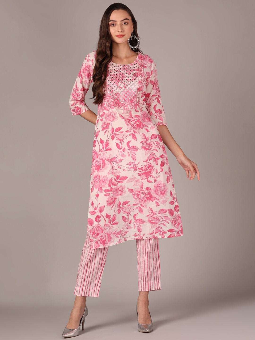 

AHIKA Floral Printed Regular Mirror Work Kurta with Trousers, Pink