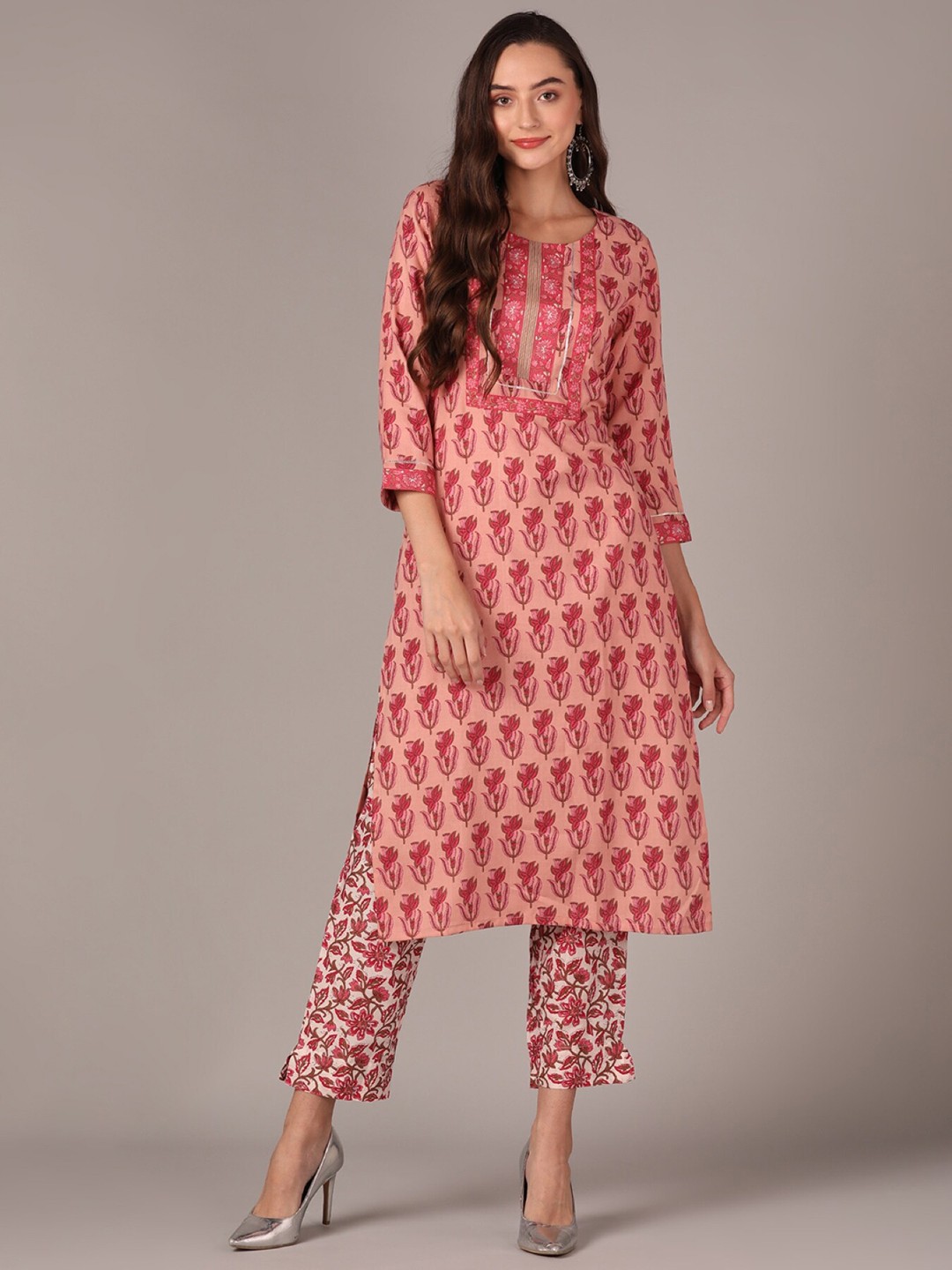

AHIKA Ethnic Motifs Printed Gotta Patti Kurta with Trousers, Peach