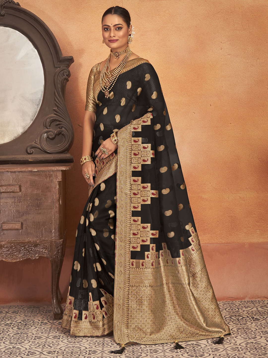 

Saree mall Ethnic Motifs Woven Design Zari Organza Sarees, Black