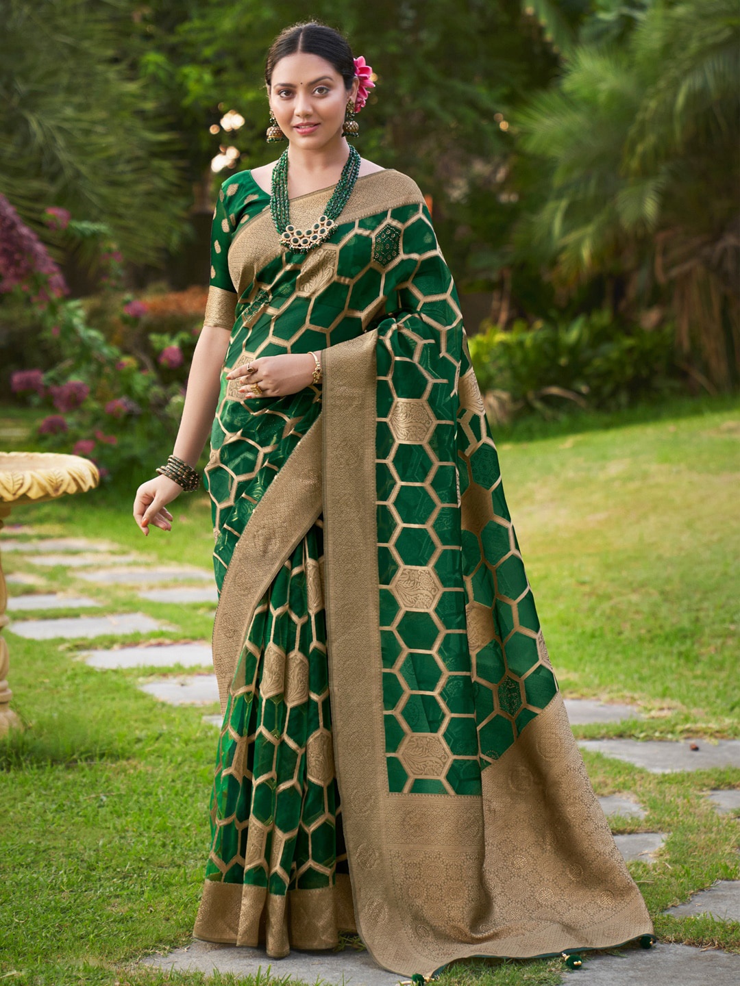 

Saree mall Green & Gold Embellished Zari Organza Banarasi Sarees