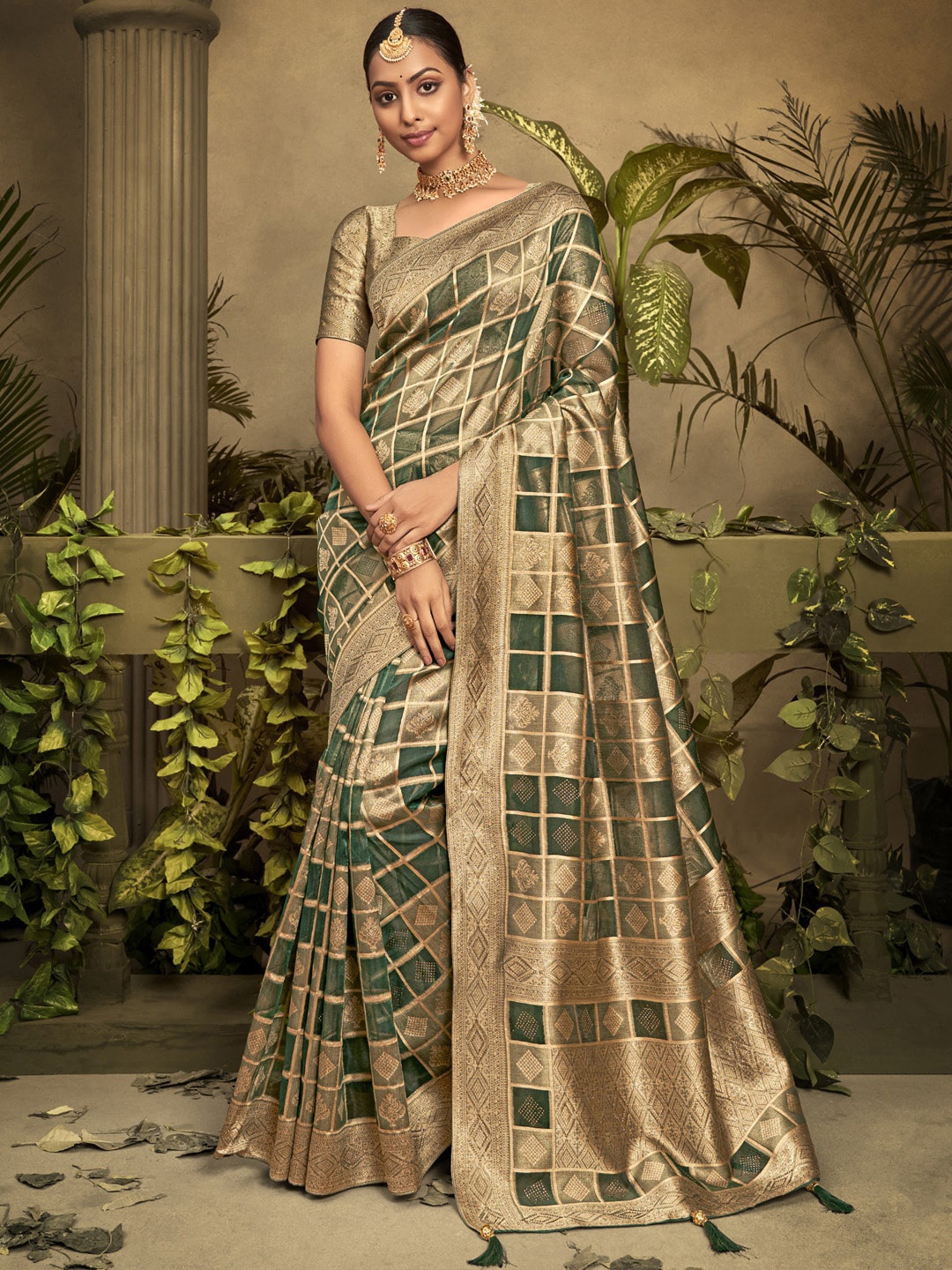 

Saree mall Green & Gold Woven Design Zari Organza Banarasi Sarees