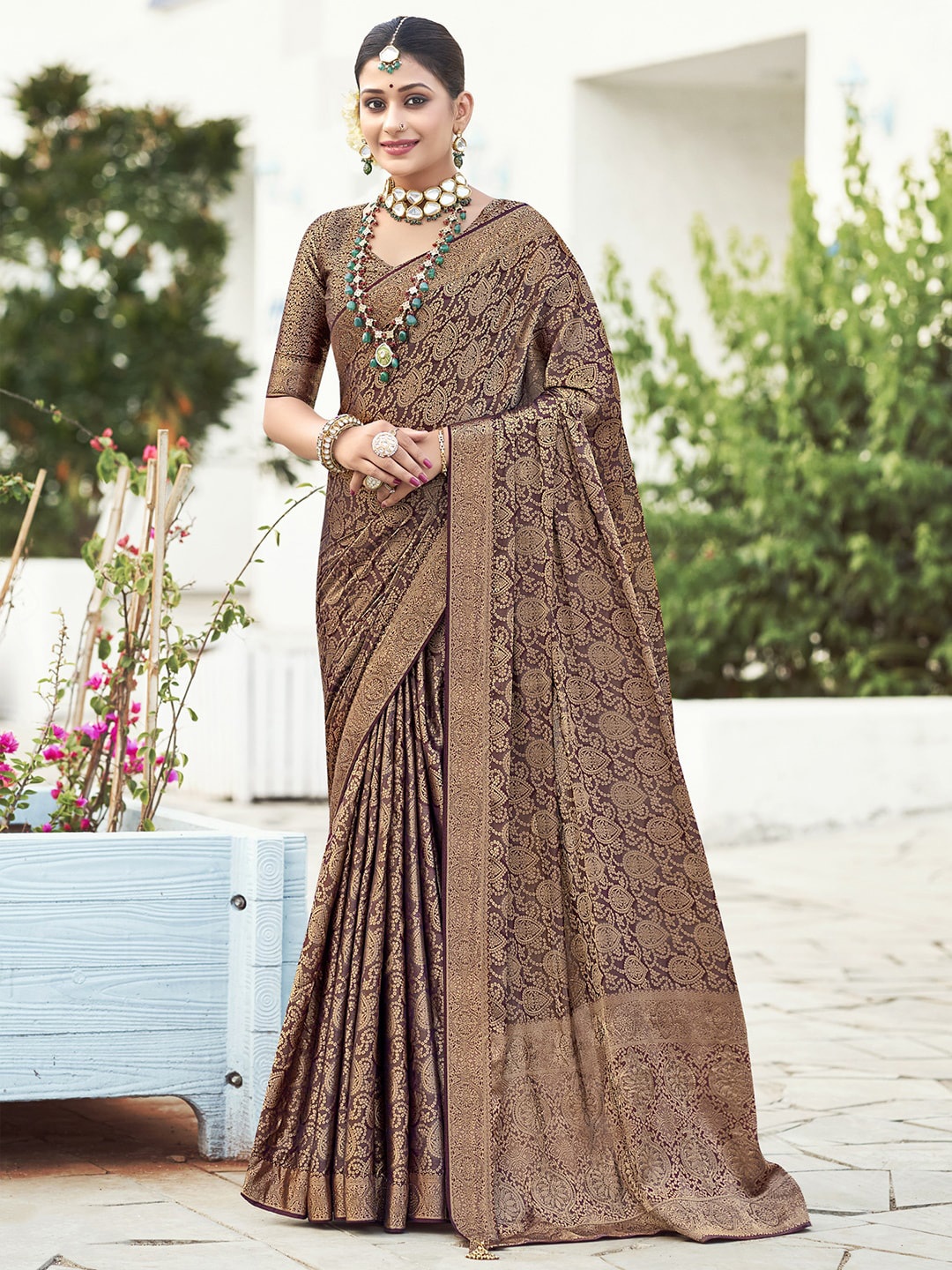 

Saree mall Burgundy & Gold Woven Design Zari Pure Silk Bandhani Sarees