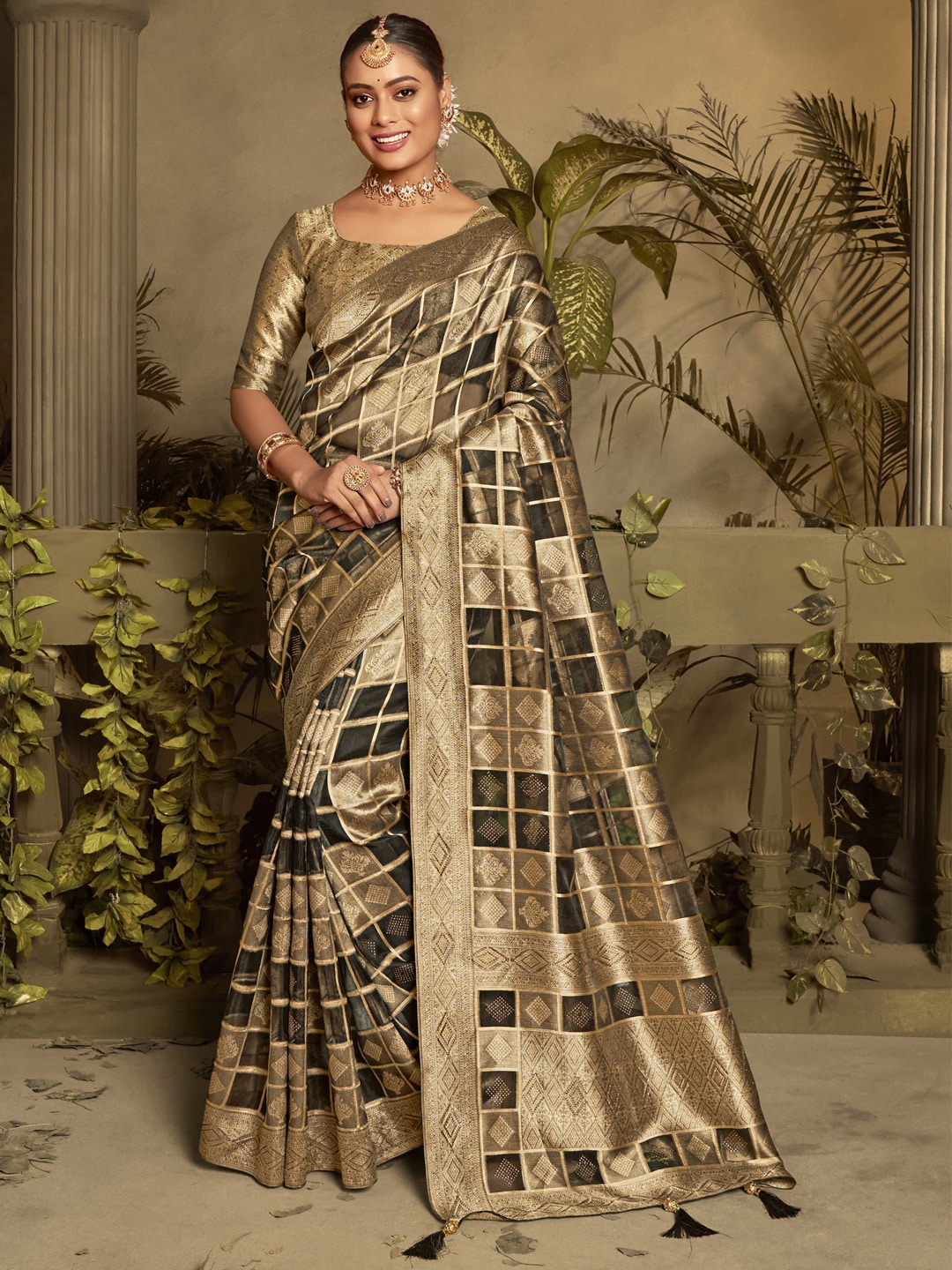 

Saree mall Black & Gold Woven Design Zari Organza Banarasi Sarees