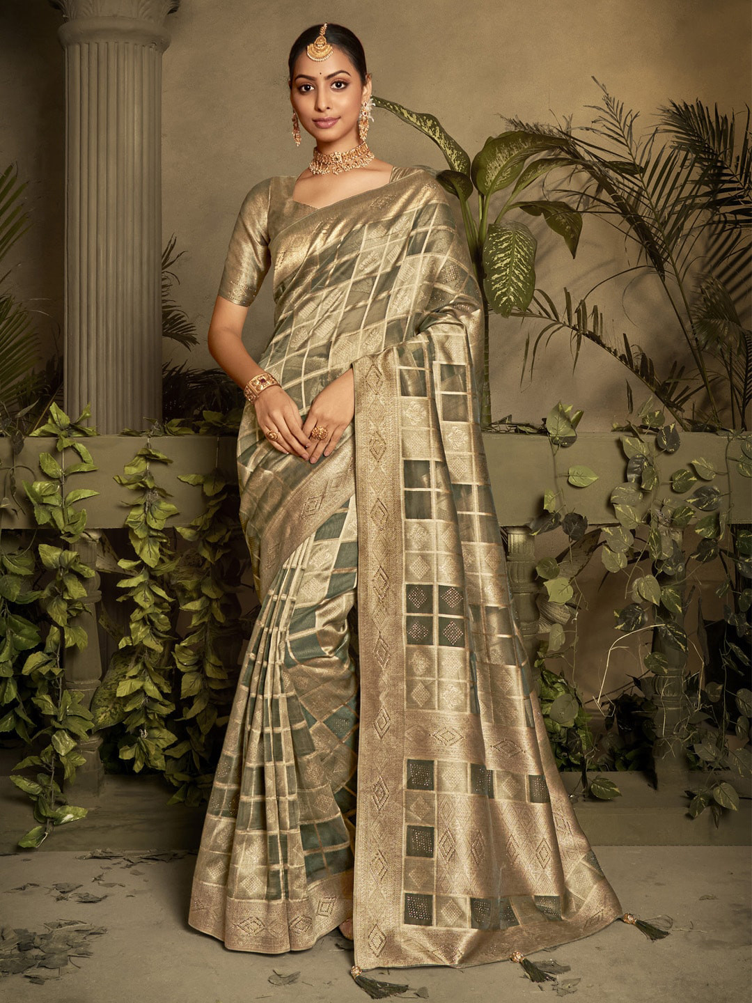 

Saree mall Ethnic Motifs Woven Design Zari Organza Banarasi Saree, Grey