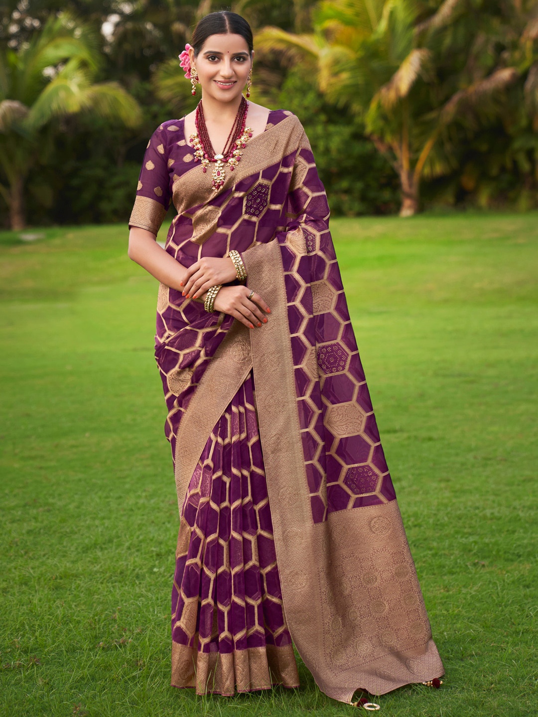 

Saree mall Ethnic Motifs Woven Design Zari Organza Banarasi Sarees, Purple