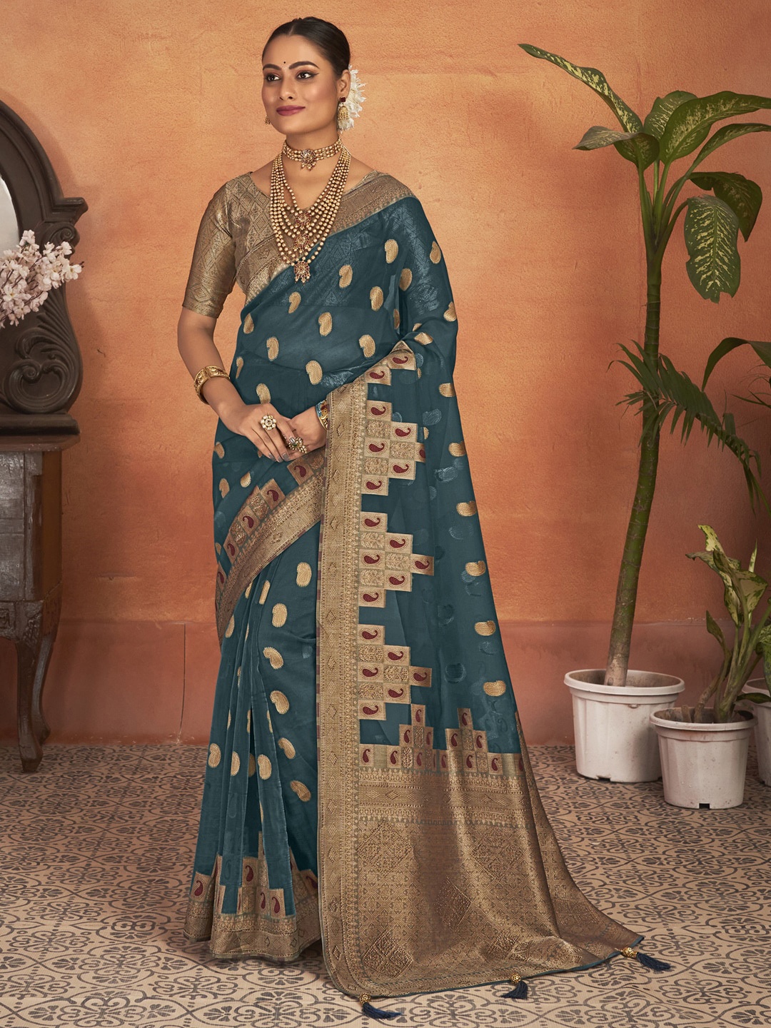 

Saree mall Ethnic Motifs Woven Design Zari Organza Banarasi Sarees, Teal