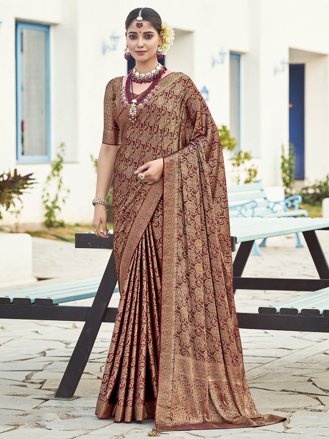 

Saree mall Ethnic Motifs Woven Design Zari Pure Silk Bandhani Sarees, Maroon