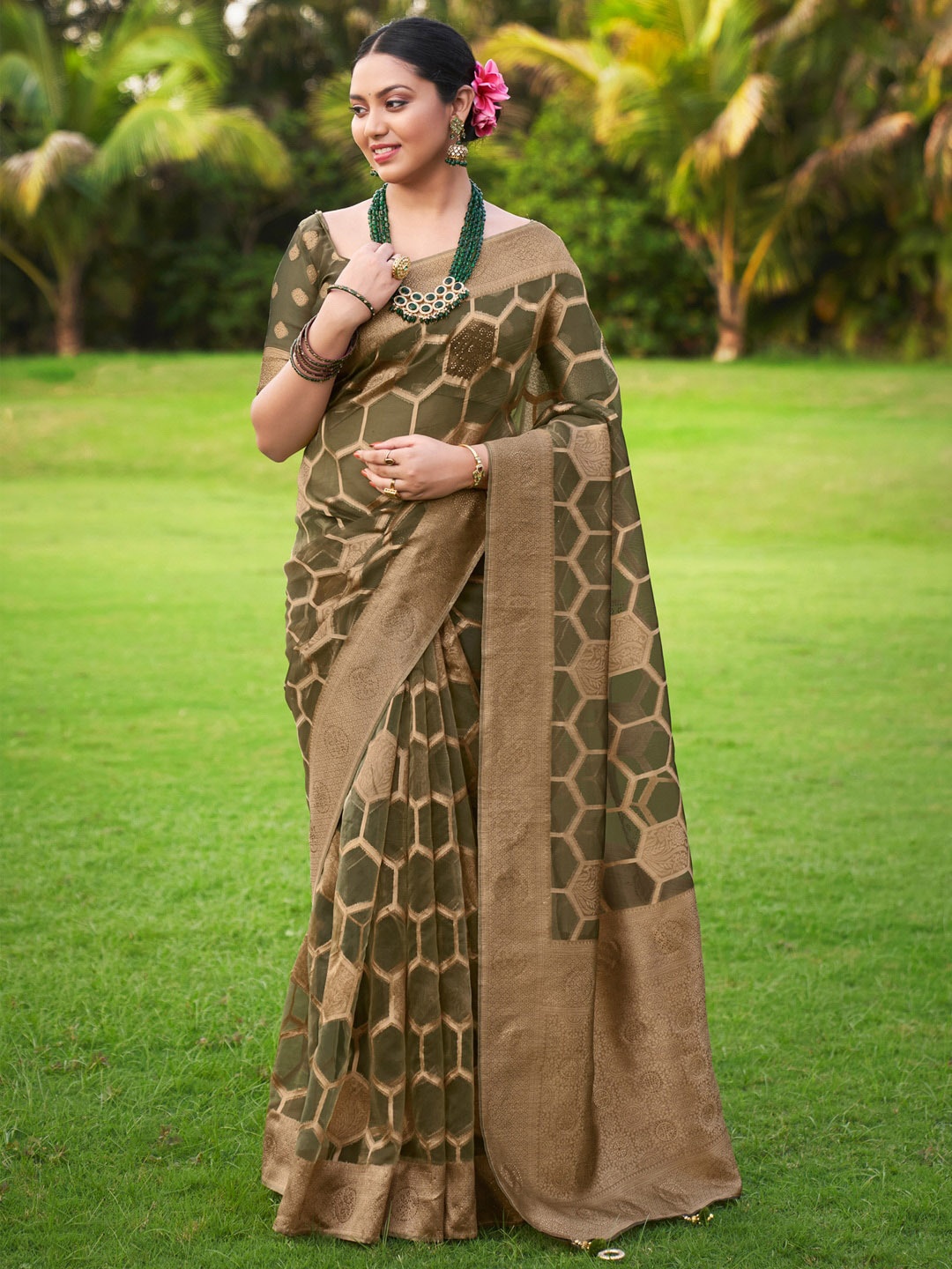 

Saree mall Ethnic Motifs Woven Design Zari Organza Banarasi Saree, Olive