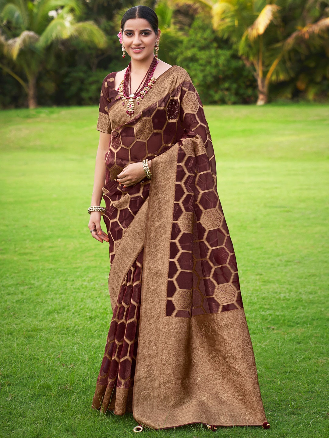 

Saree mall Ethnic Motifs Woven Design Zari Organza Banarasi Sarees, Burgundy