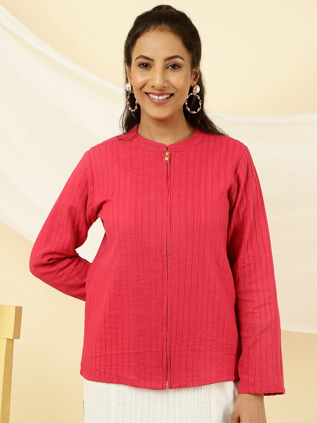 

Jaipur Kurti Striped Mandarin Collar Cotton Tailored Jacket, Fuchsia