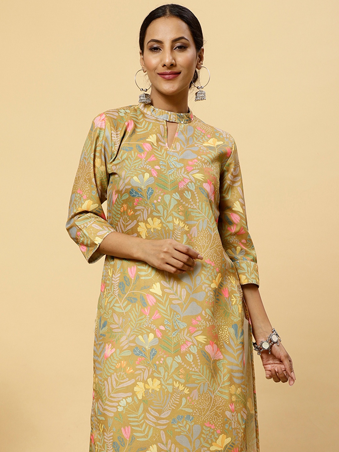 

Jaipur Kurti Floral Printed Keyhole Neck Linen Straight Kurta, Mustard