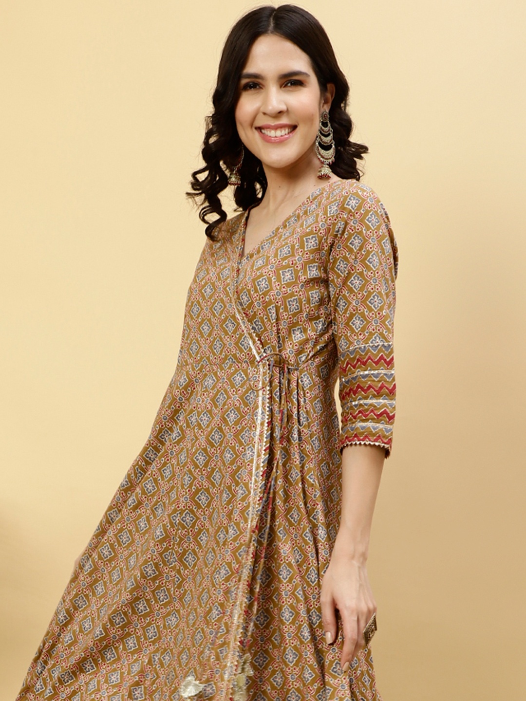 

Jaipur Kurti Ethnic Motifs Printed Gotta Patti Angrakha Anarkali Cotton Kurta, Mustard