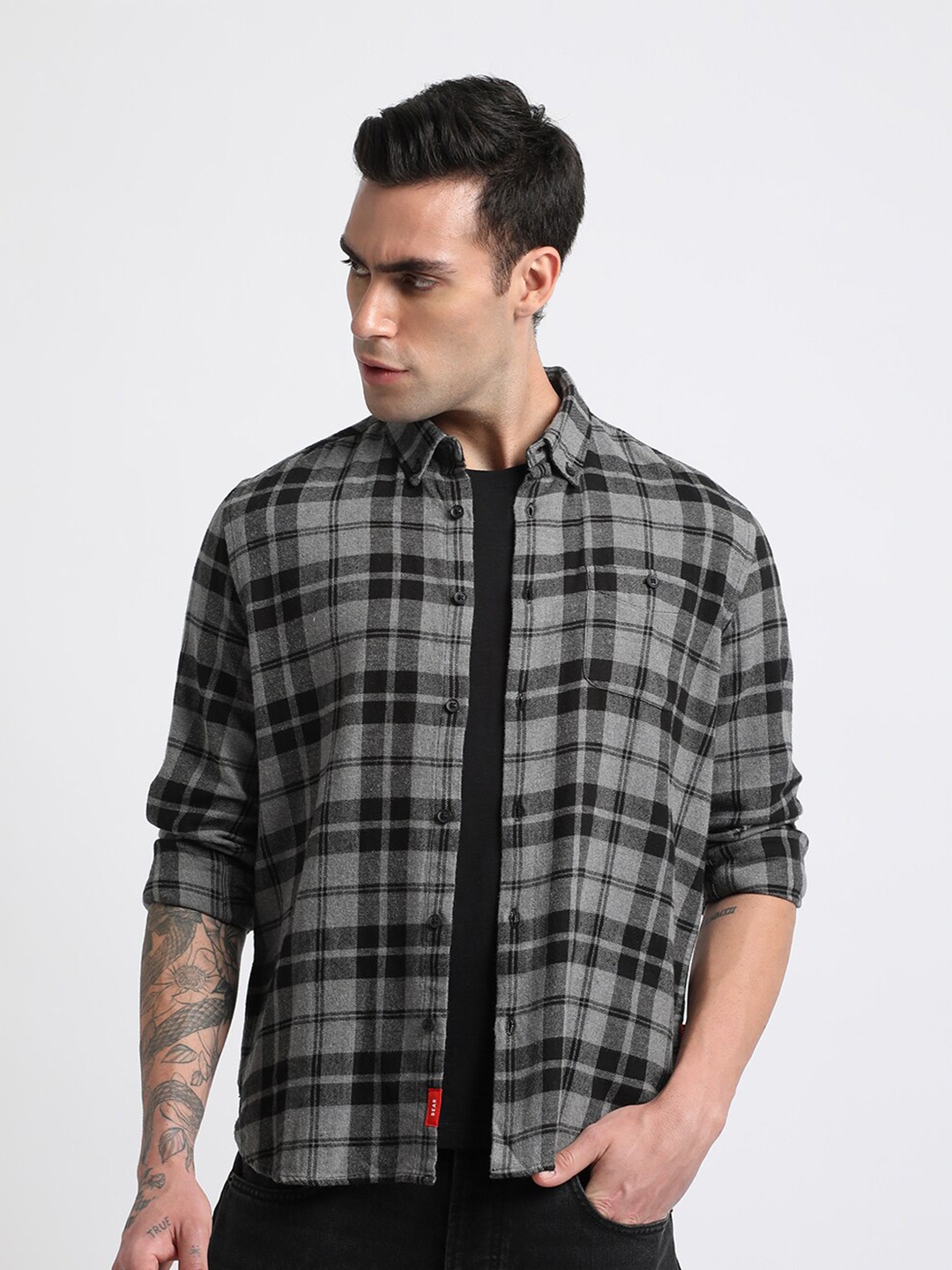 

THE BEAR HOUSE Flannel Tartan Checked Button-Down Collar Pocket Cotton Casual Shirt, Grey