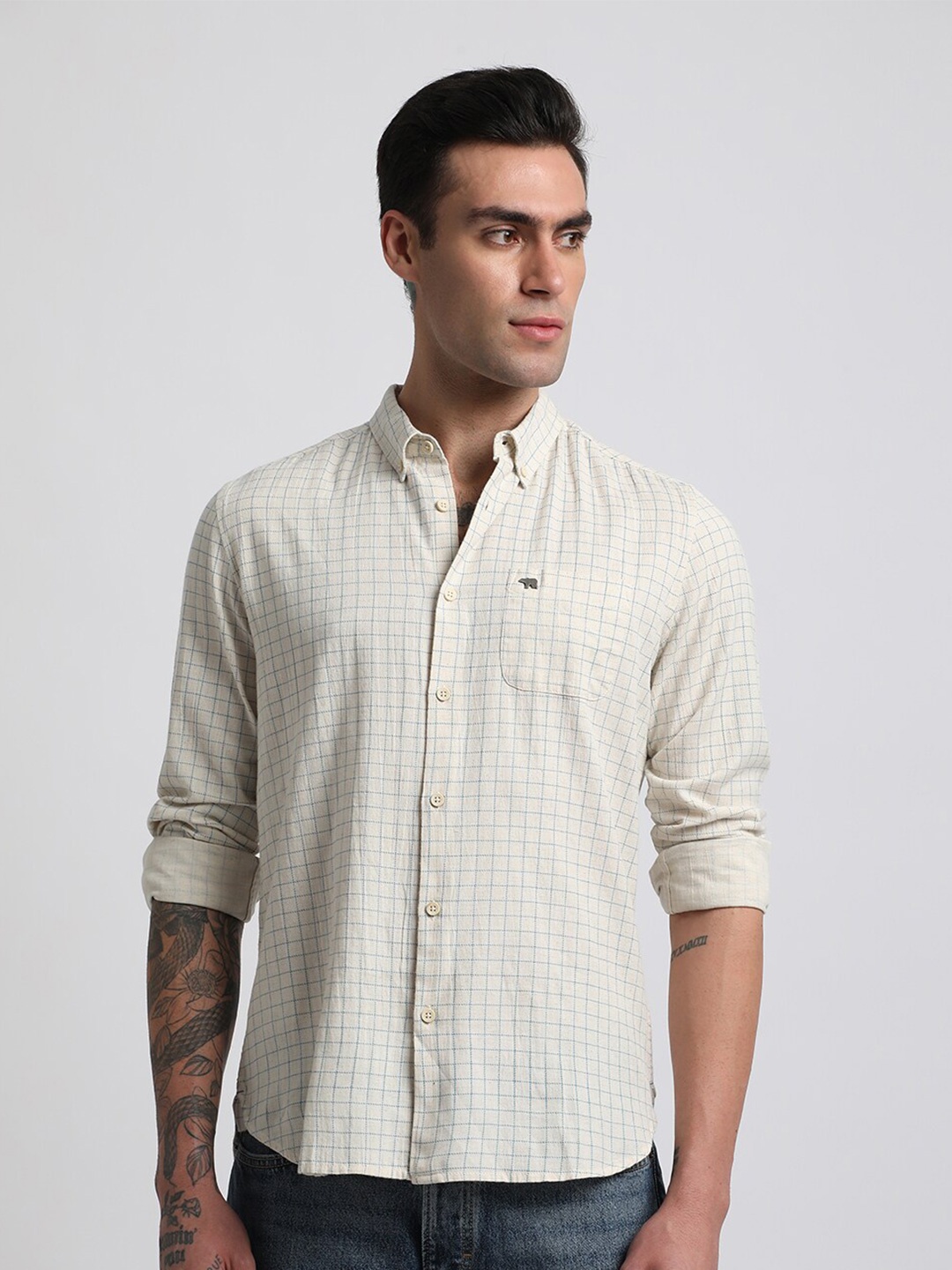 

THE BEAR HOUSE Slim Fit Windowpane Checks Pure Cotton Casual Shirt, Beige