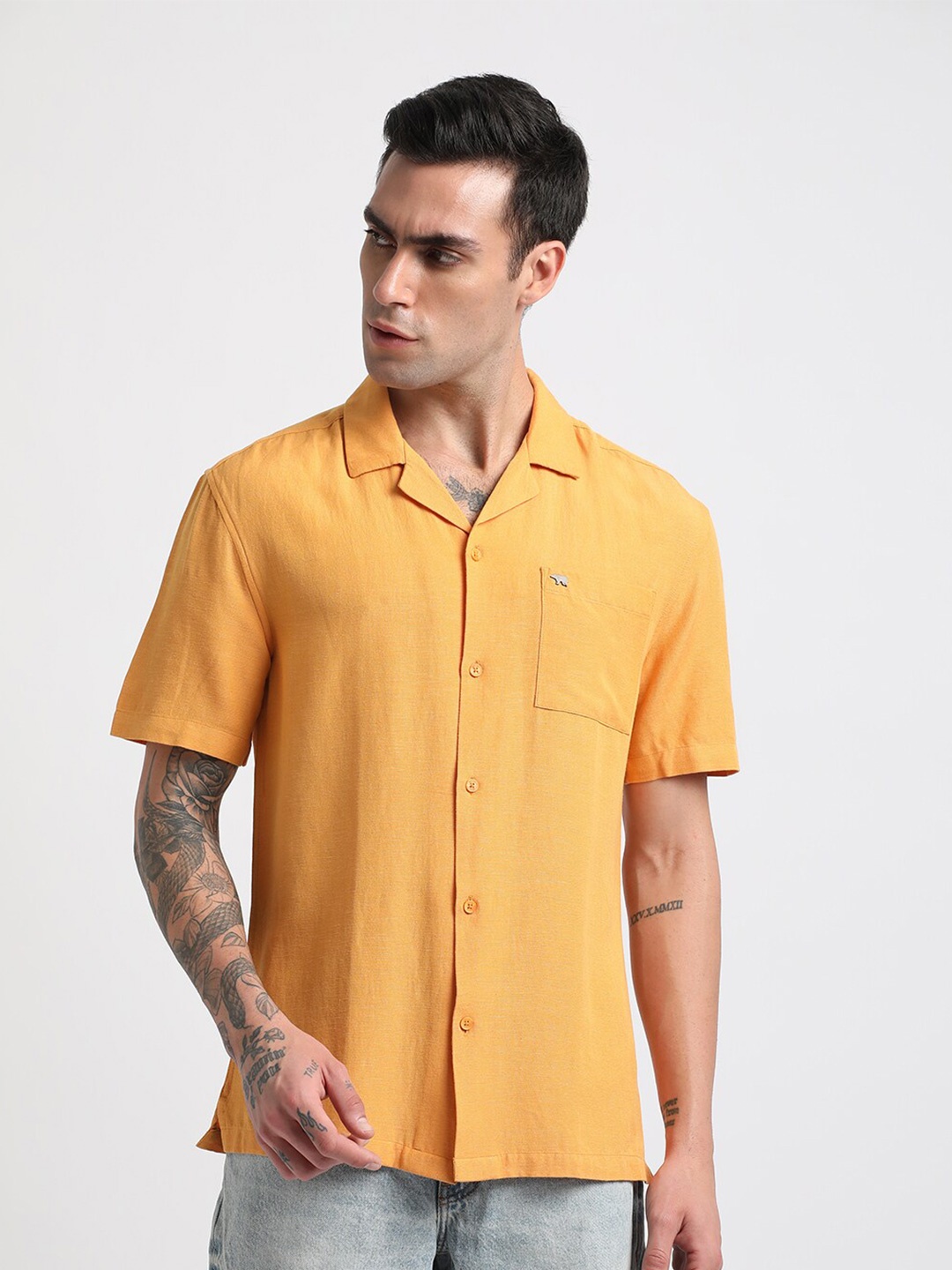 

THE BEAR HOUSE Slim Fit Cuban Collar Cotton Linen Casual Shirt, Mustard