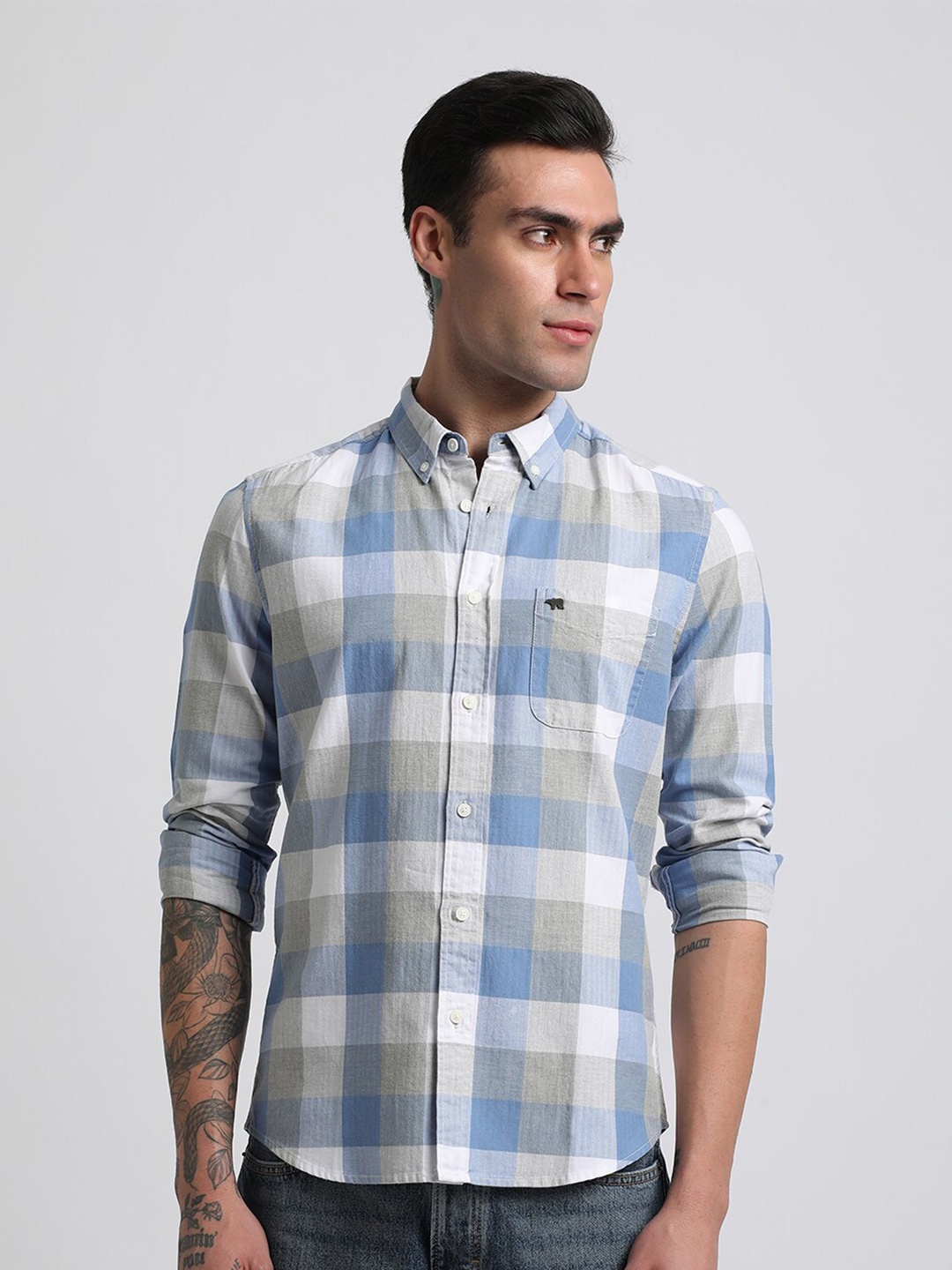 

THE BEAR HOUSE Slim Fit Checked Button-Down Collar Pure Cotton Casual Shirt, Blue