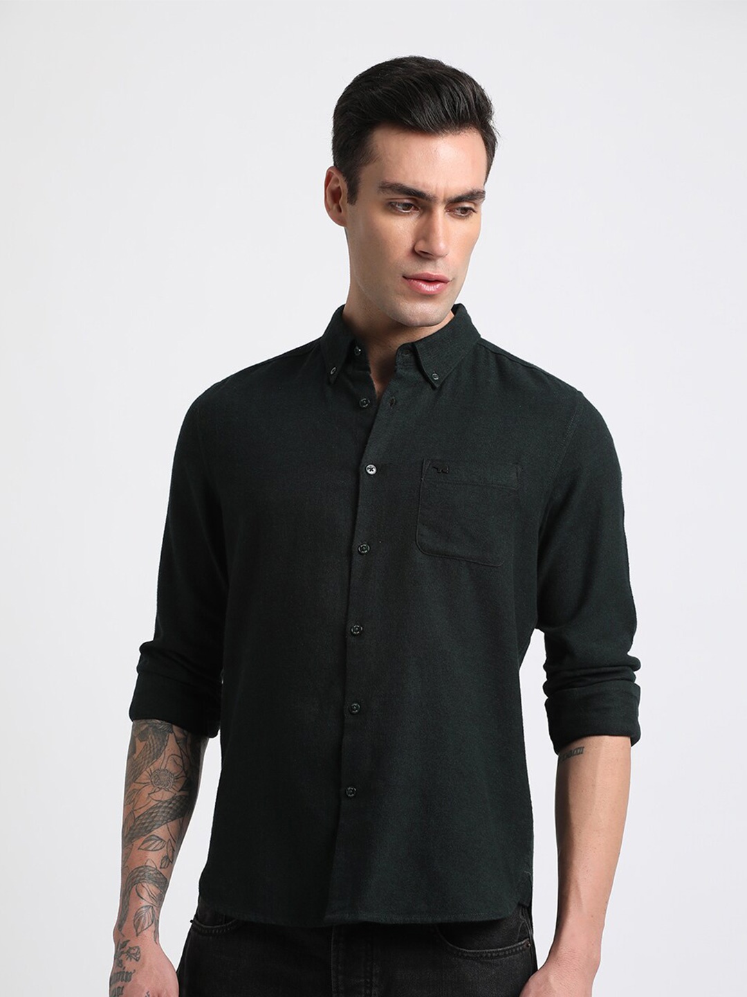 

THE BEAR HOUSE Slim Fit Opaque Pure Cotton Casual Shirt, Green